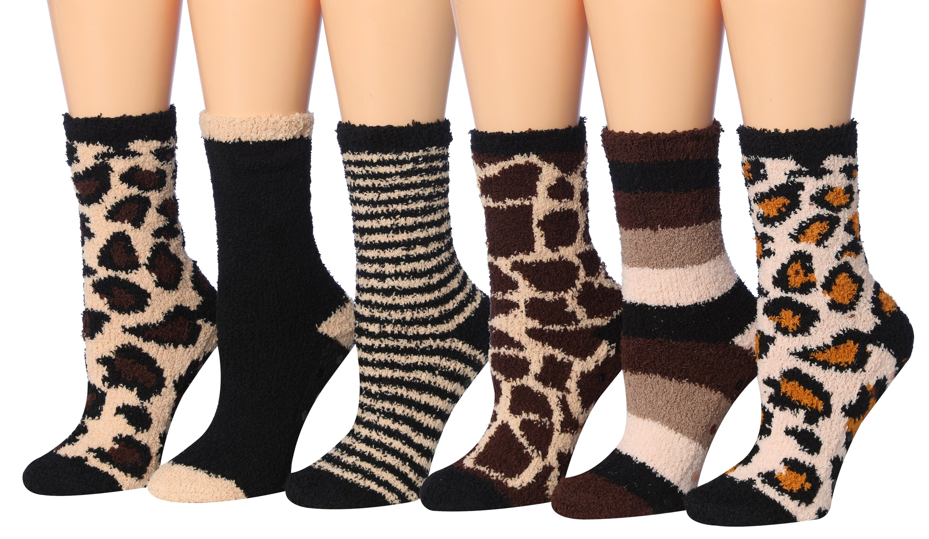 Tipi Toe Women's 6-Pairs Cozy Microfiber Anti-Skid Soft Fuzzy Crew socks in various colorful designs, showcasing their soft texture and anti-skid features.