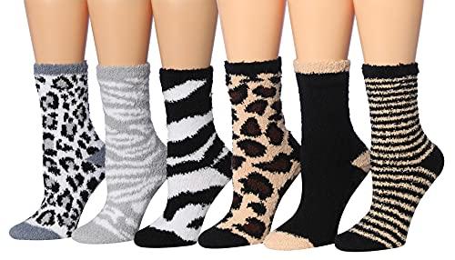 Tipi Toe Women's 6-Pairs Cozy Microfiber Anti-Skid Soft Fuzzy Crew socks in various colorful designs, showcasing their soft texture and anti-skid features.