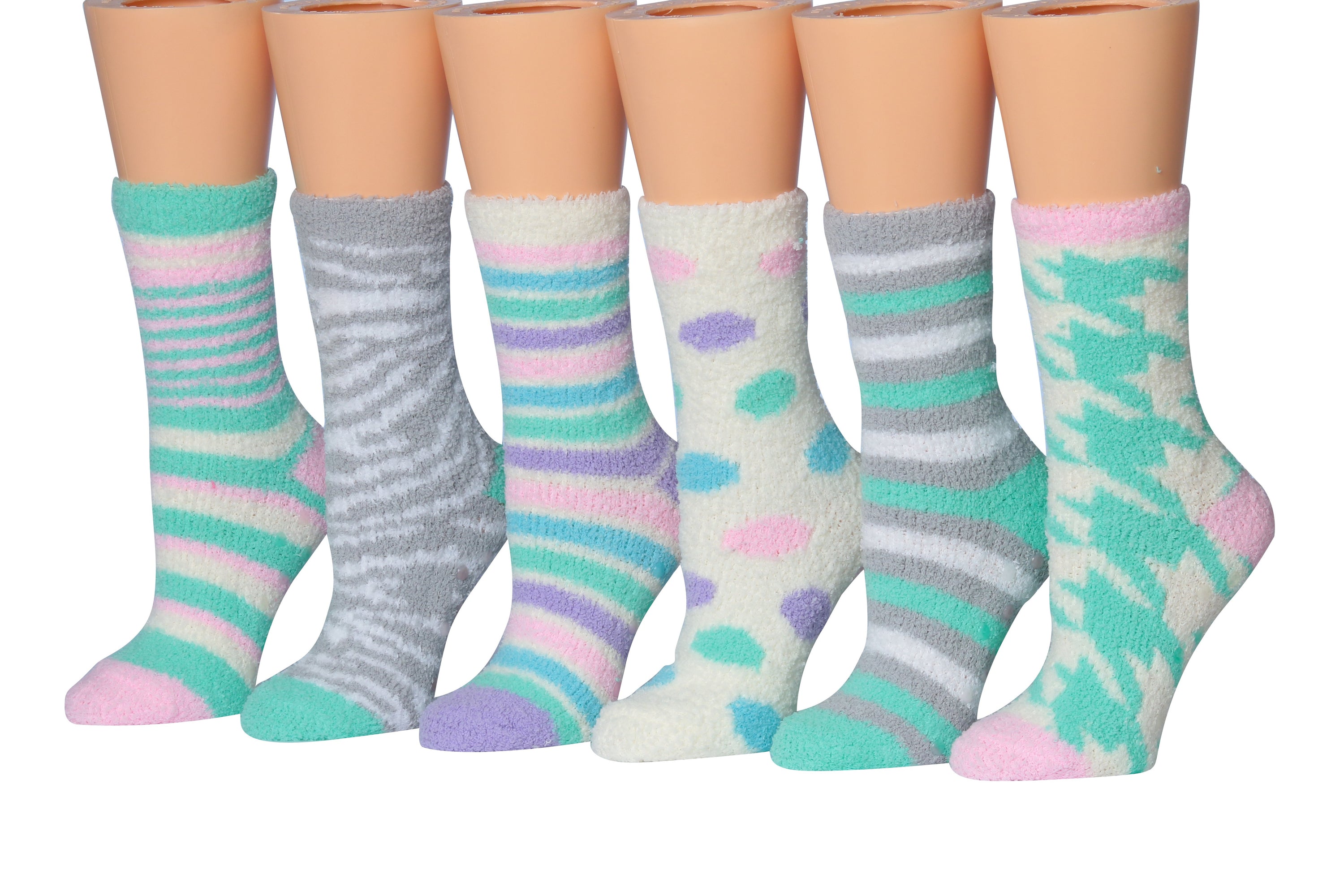 Tipi Toe Women's 6-Pairs Cozy Microfiber Anti-Skid Soft Fuzzy Crew socks in various colorful designs, showcasing their soft texture and anti-skid features.