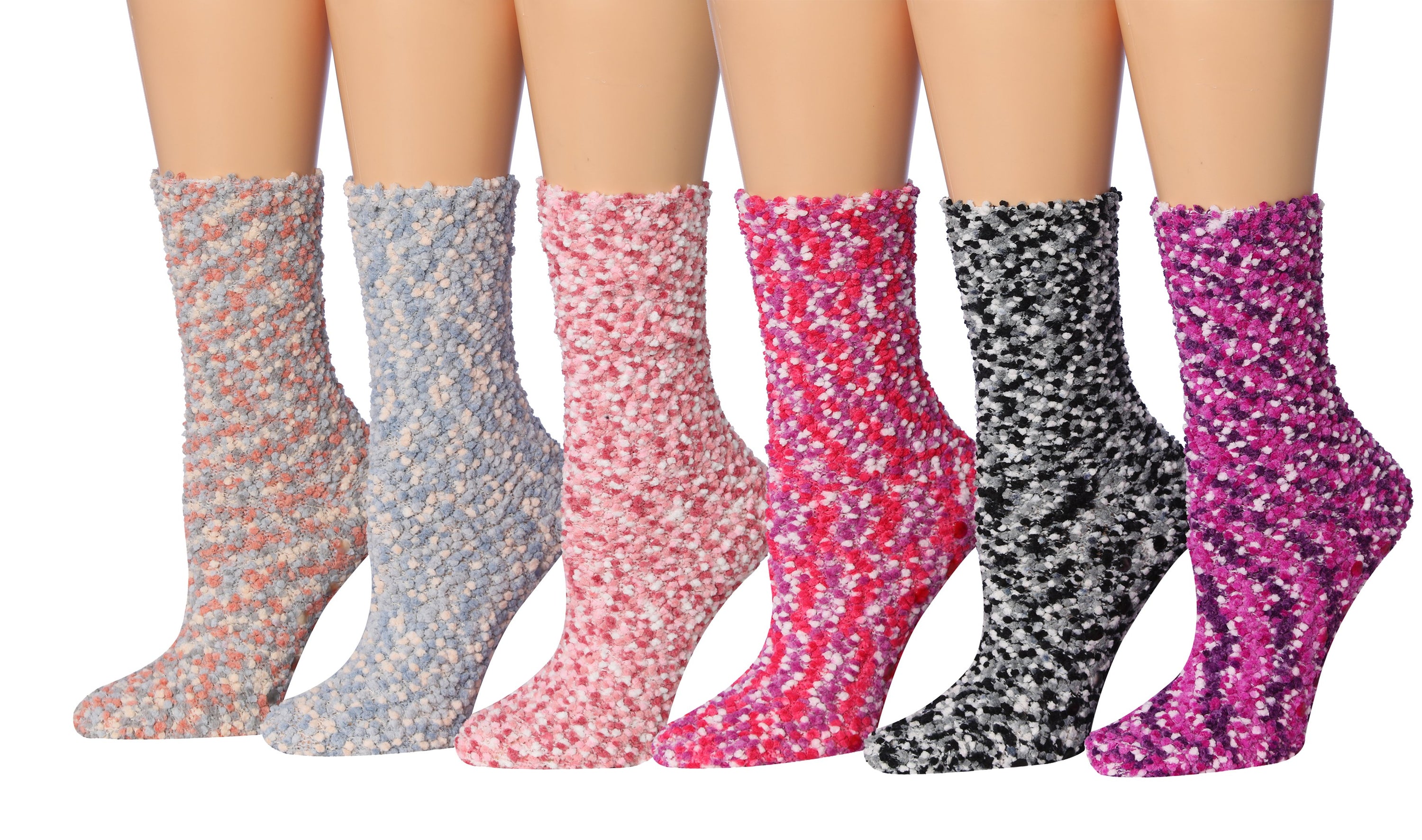 Tipi Toe Women's 6-Pairs Cozy Microfiber Anti-Skid Soft Fuzzy Crew socks in various colorful designs, showcasing their soft texture and anti-skid features.