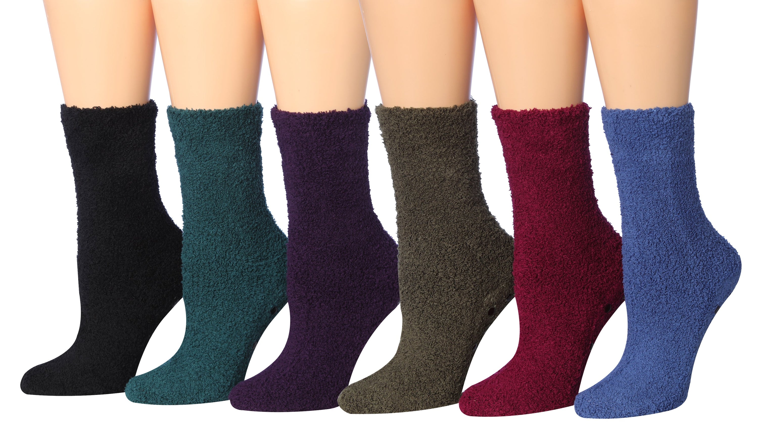 Tipi Toe Women's 6-Pairs Cozy Microfiber Anti-Skid Soft Fuzzy Crew socks in various colorful designs, showcasing their soft texture and anti-skid features.