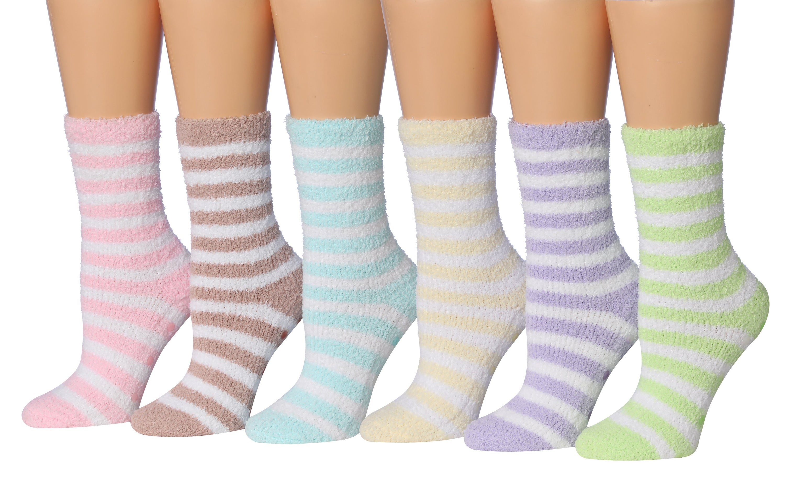 Tipi Toe Women's 6-Pairs Cozy Microfiber Anti-Skid Soft Fuzzy Crew socks in various colorful designs, showcasing their soft texture and anti-skid features.