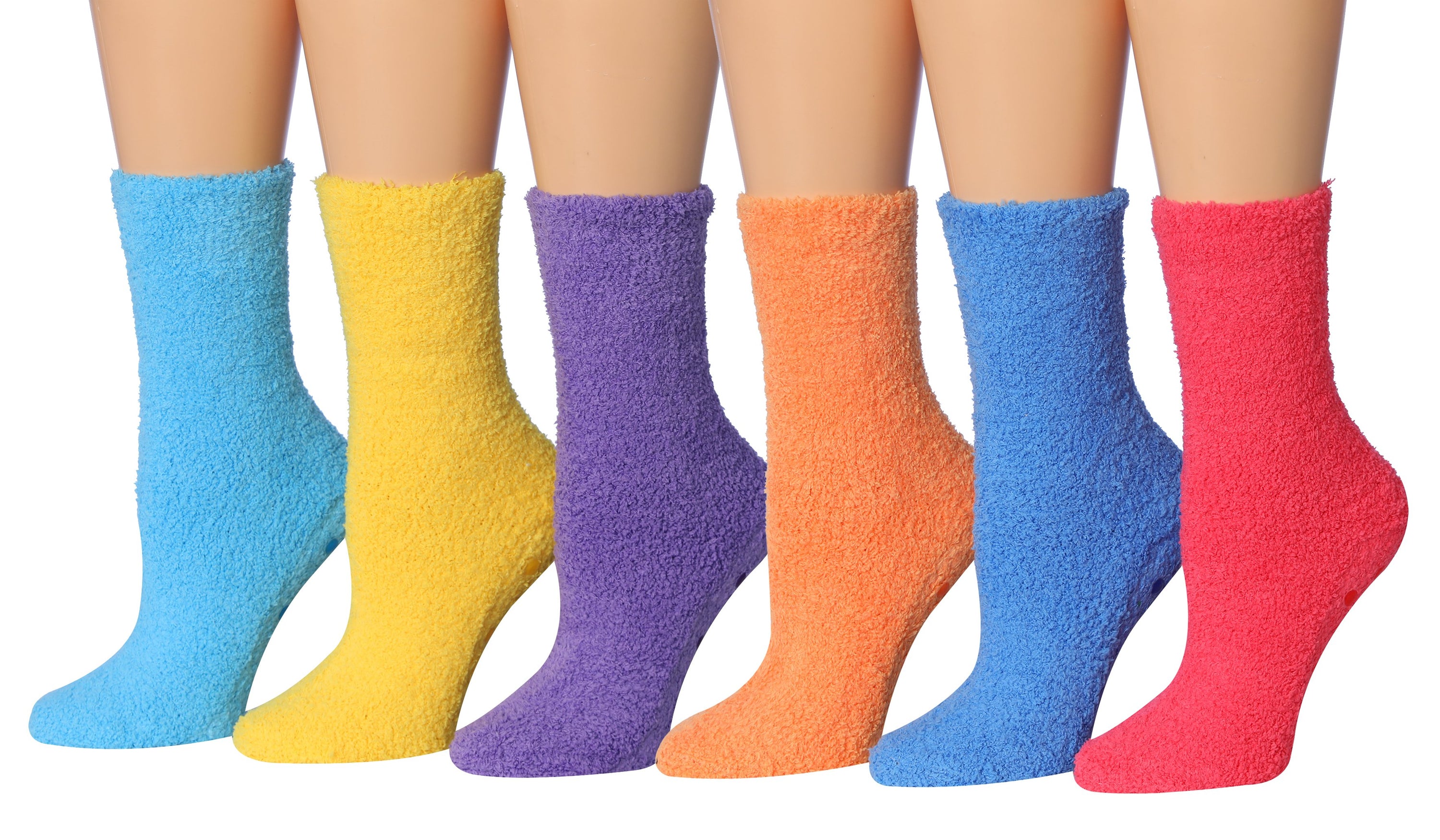 Tipi Toe Women's 6-Pairs Cozy Microfiber Anti-Skid Soft Fuzzy Crew socks in various colorful designs, showcasing their soft texture and anti-skid features.