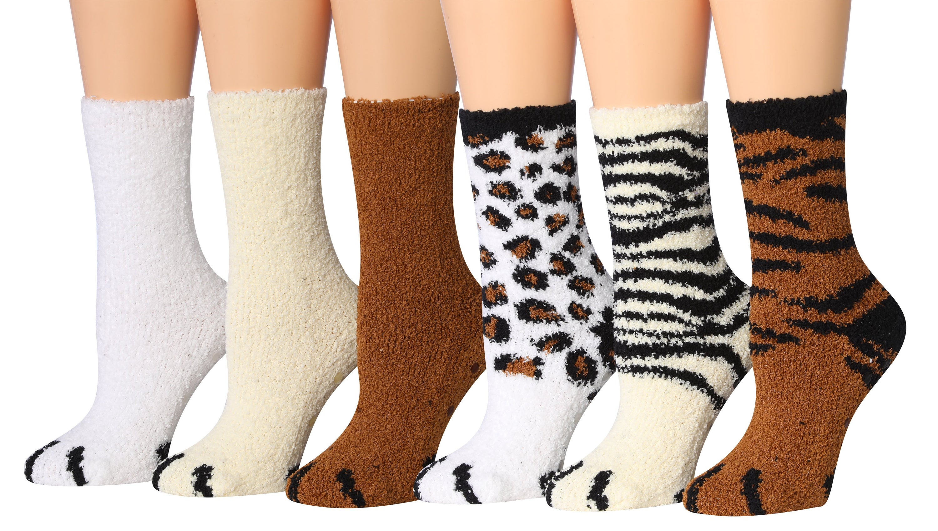 Tipi Toe Women's 6-Pairs Cozy Microfiber Anti-Skid Soft Fuzzy Crew socks in various colorful designs, showcasing their soft texture and anti-skid features.