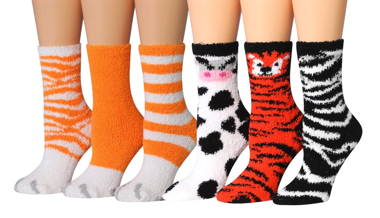 Tipi Toe Women's 6-Pairs Cozy Microfiber Anti-Skid Soft Fuzzy Crew socks in various colorful designs, showcasing their soft texture and anti-skid features.