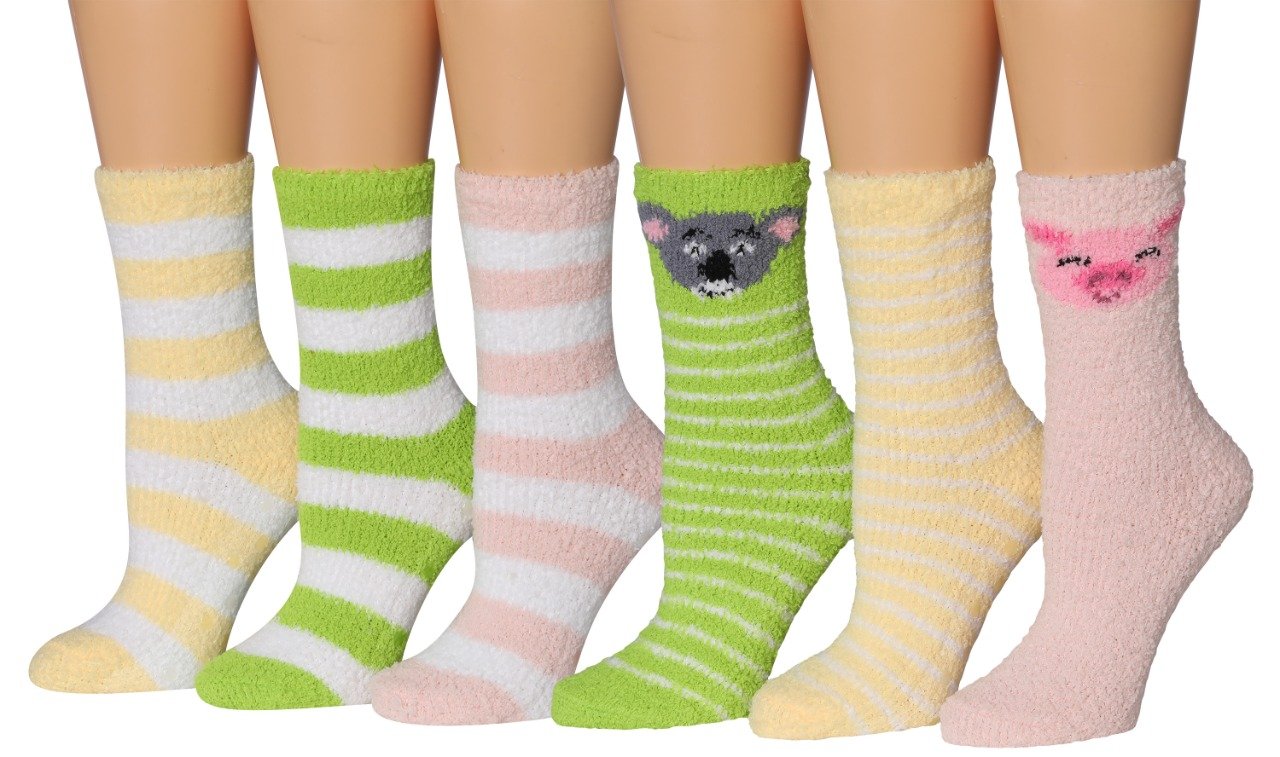 Tipi Toe Women's 6-Pairs Cozy Microfiber Anti-Skid Soft Fuzzy Crew socks in various colorful designs, showcasing their soft texture and anti-skid features.