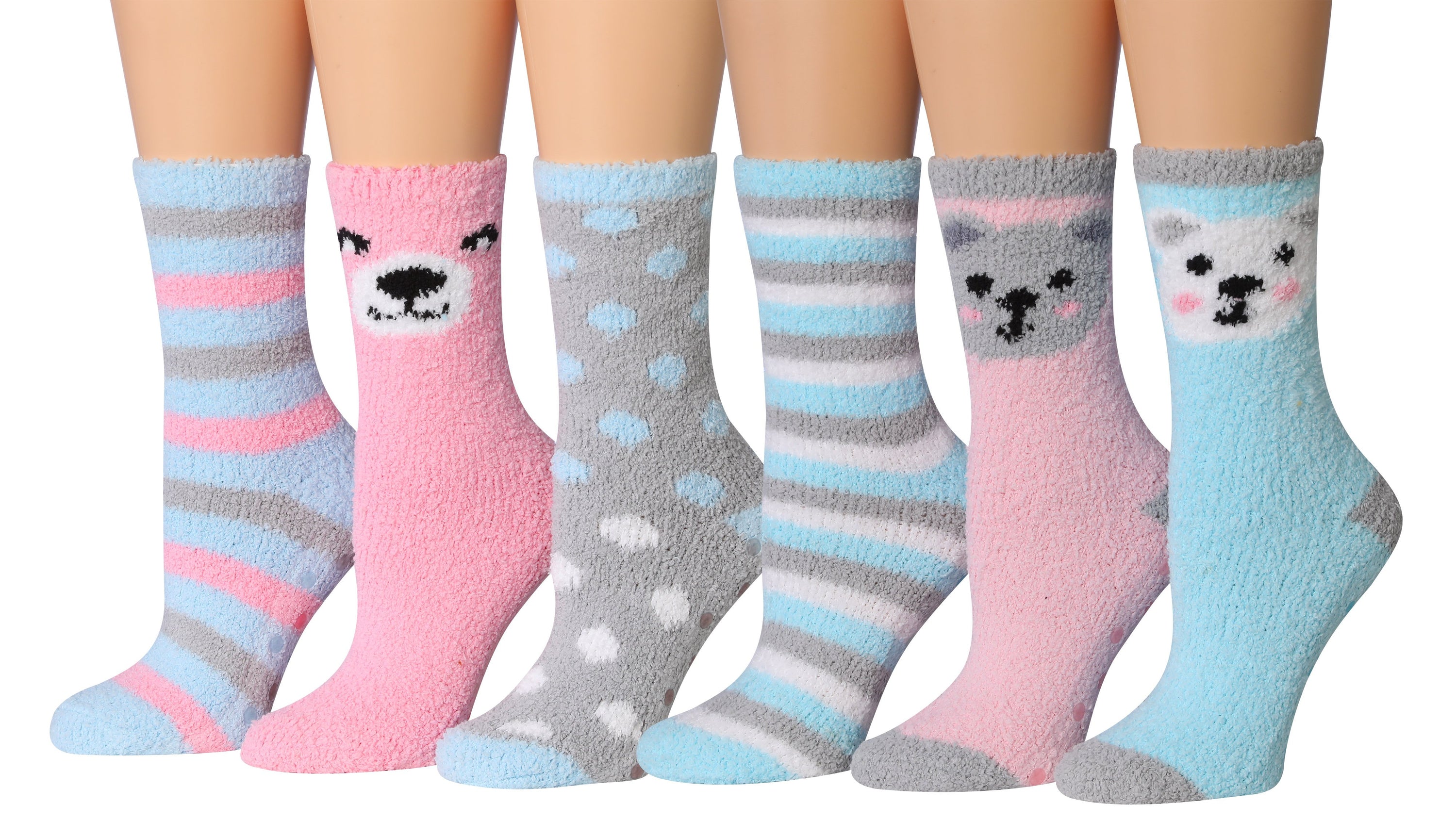 Tipi Toe Women's 6-Pairs Cozy Microfiber Anti-Skid Soft Fuzzy Crew socks in various colorful designs, showcasing their soft texture and anti-skid features.