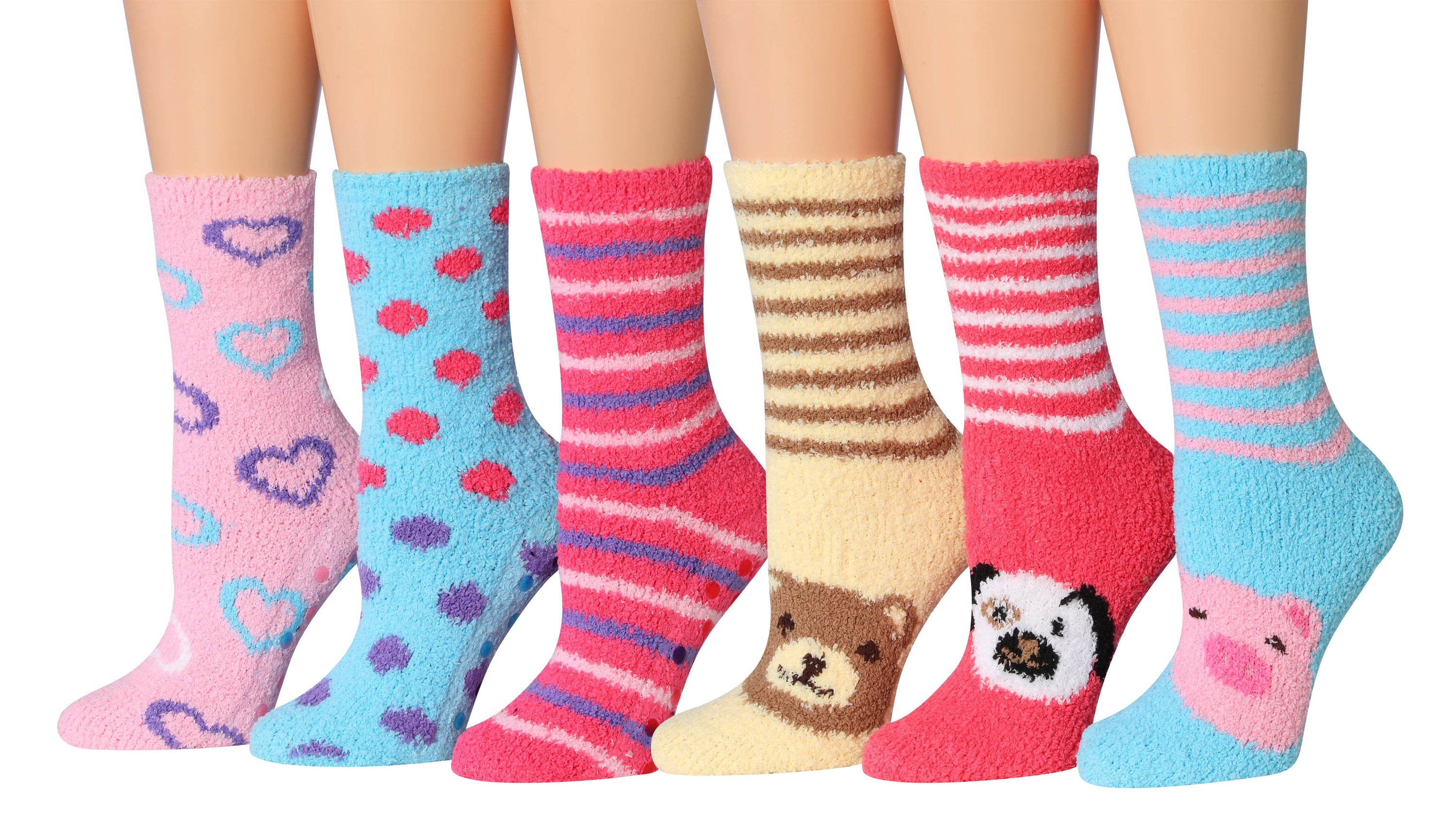 Tipi Toe Women's 6-Pairs Cozy Microfiber Anti-Skid Soft Fuzzy Crew socks in various colorful designs, showcasing their soft texture and anti-skid features.