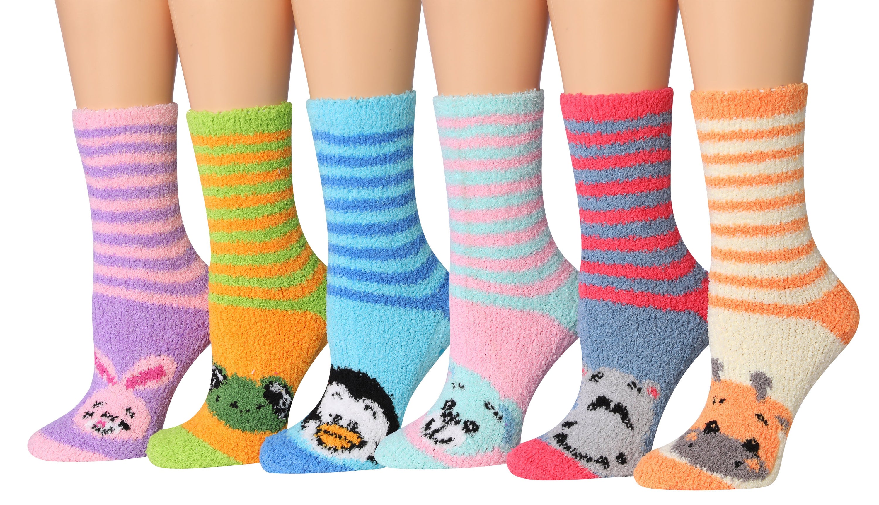 Tipi Toe Women's 6-Pairs Cozy Microfiber Anti-Skid Soft Fuzzy Crew socks in various colorful designs, showcasing their soft texture and anti-skid features.