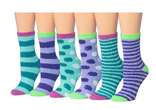 Tipi Toe Women's 6-Pairs Cozy Microfiber Anti-Skid Soft Fuzzy Crew socks in various colorful designs, showcasing their soft texture and anti-skid features.