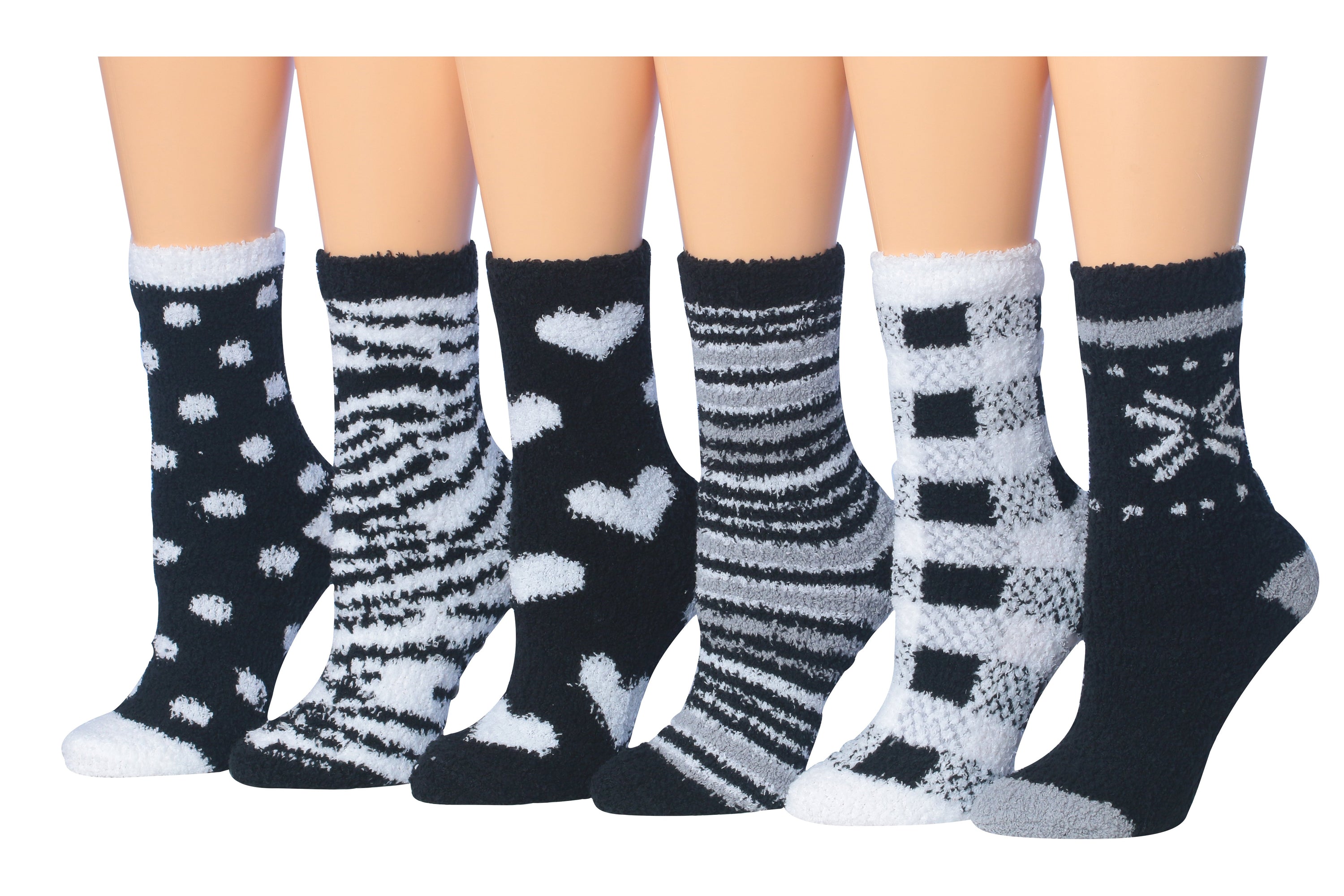 Tipi Toe Women's 6-Pairs Cozy Microfiber Anti-Skid Soft Fuzzy Crew socks in various colorful designs, showcasing their soft texture and anti-skid features.