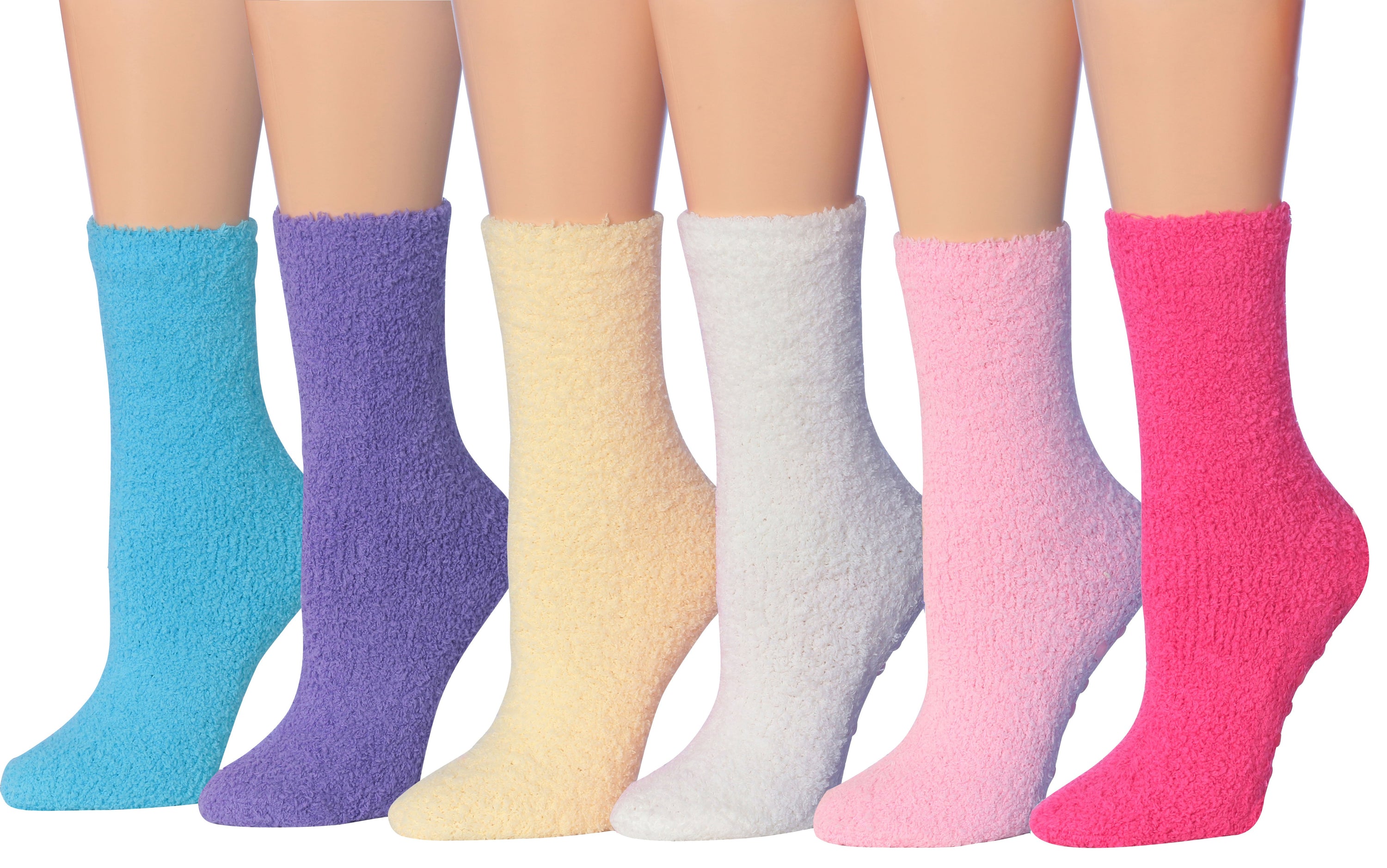 Tipi Toe Women's 6-Pairs Cozy Microfiber Anti-Skid Soft Fuzzy Crew socks in various colorful designs, showcasing their soft texture and anti-skid features.