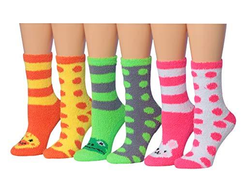 Tipi Toe Women's 6-Pairs Cozy Microfiber Anti-Skid Soft Fuzzy Crew socks in various colorful designs, showcasing their soft texture and anti-skid features.