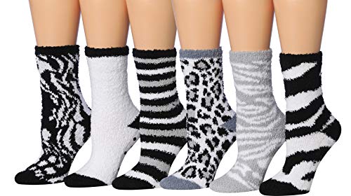 Tipi Toe Women's 6-Pairs Cozy Microfiber Anti-Skid Soft Fuzzy Crew socks in various vibrant colors, showcasing their soft and fuzzy texture.