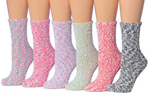 Tipi Toe Women's 6-Pairs Cozy Microfiber Anti-Skid Soft Fuzzy Crew socks in vibrant colors, showcasing their soft texture and anti-skid design.