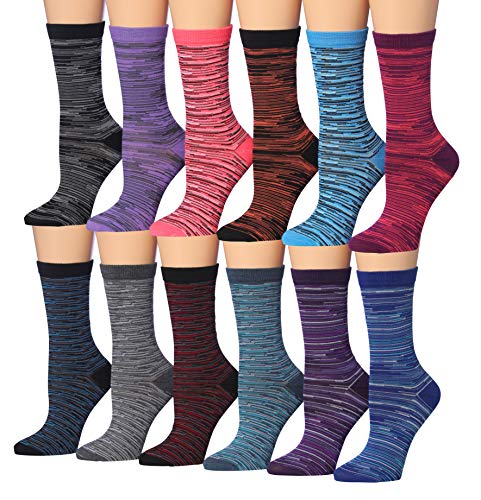 Tipi Toe Women's Plus Size 12 Pairs Colorful Patterned Crew Socks displayed in various vibrant designs and colors.