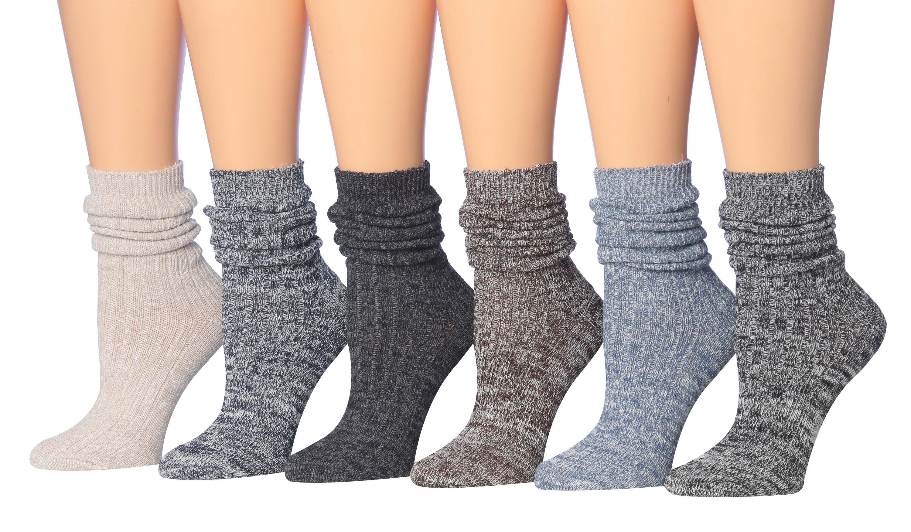 Tipi Toe Women's Ragg Cotton Warm Winter Crew Boot Socks in various colors, showcasing their soft texture and crew length design.