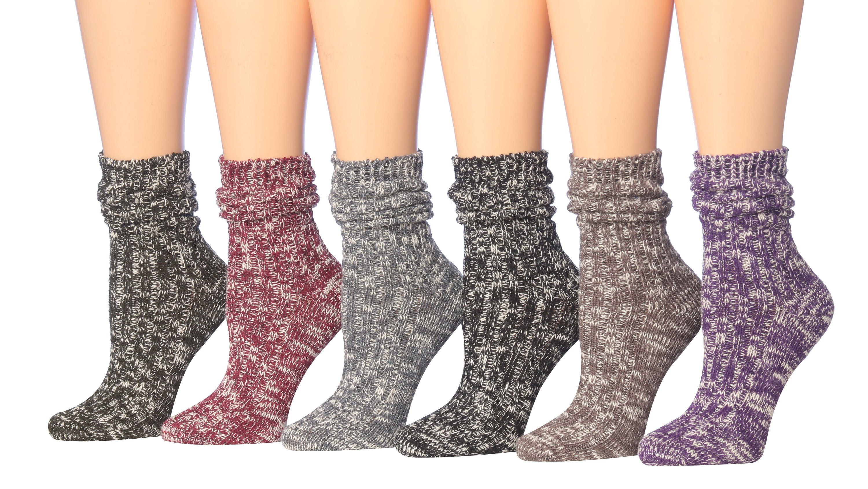 Tipi Toe Women's Ragg Cotton Warm Winter Crew Boot Socks in various colors, showcasing their soft texture and crew length design.