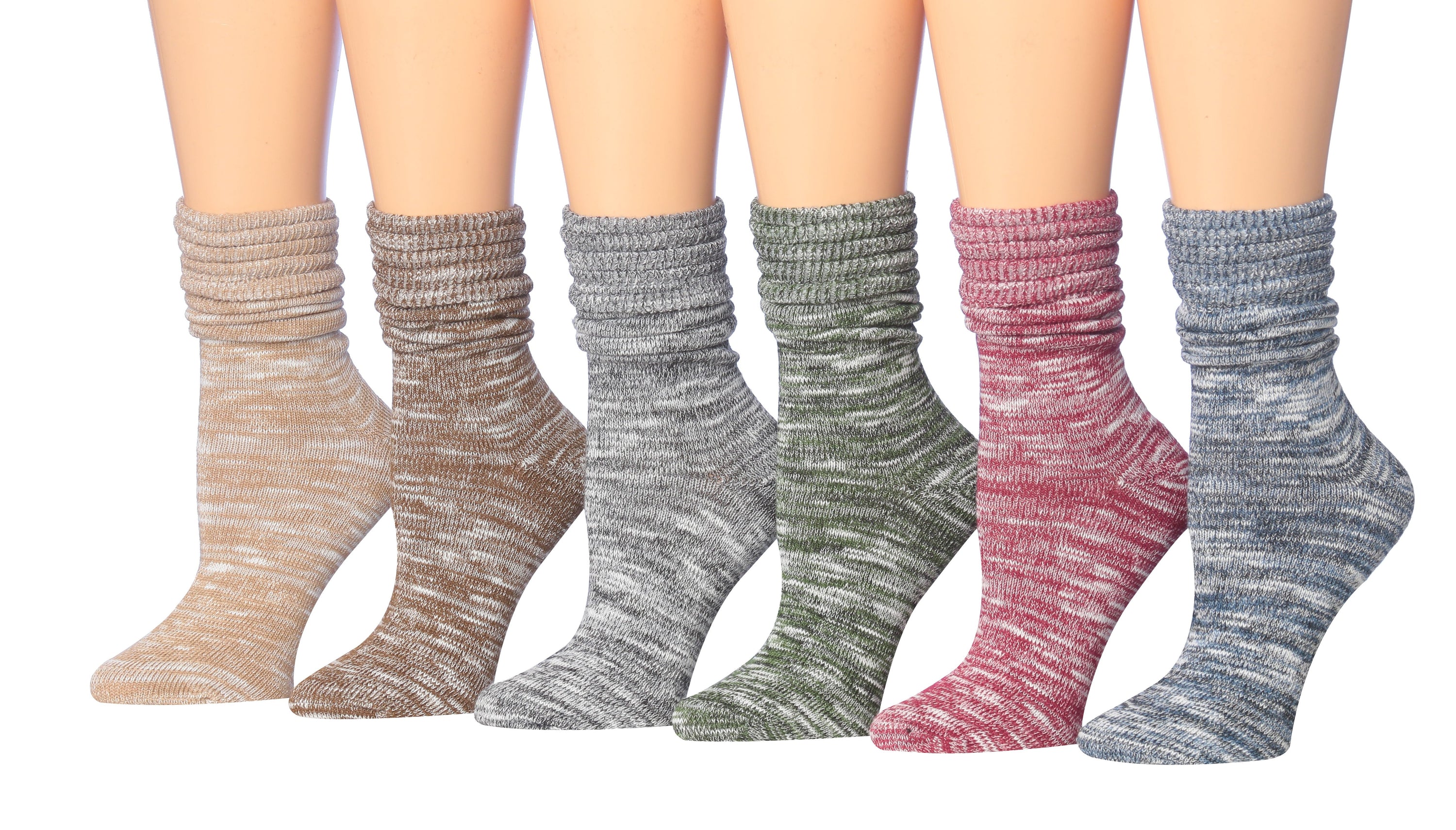 Tipi Toe Women's Ragg Cotton Warm Winter Crew Boot Socks in various colors, showcasing their soft texture and crew length design.