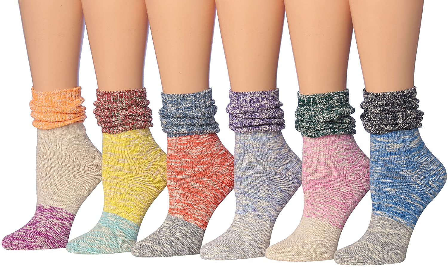 Tipi Toe Women's Ragg Cotton Warm Winter Crew Boot Socks in various colors, showcasing their soft texture and crew length design.