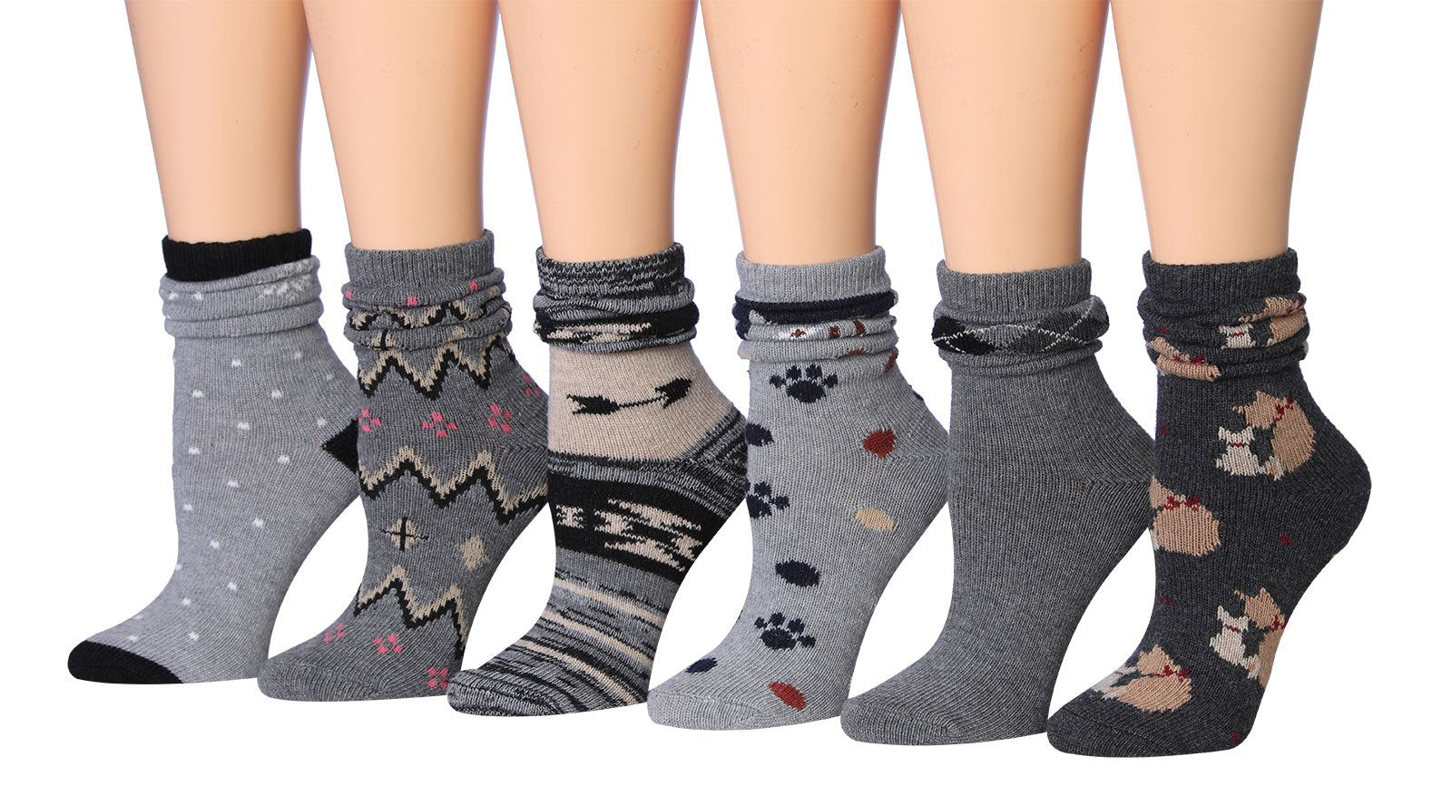 Tipi Toe Women's Ragg Cotton Warm Winter Crew Boot Socks in various colors, showcasing their soft texture and crew length design.