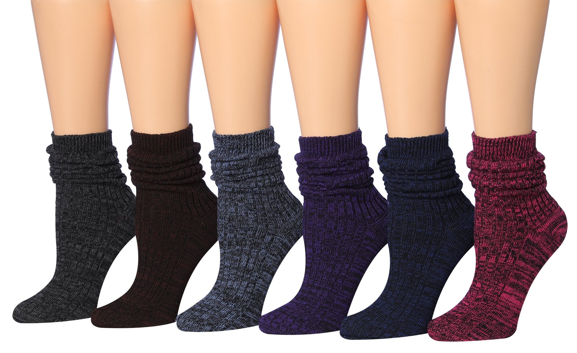 Tipi Toe Women's Ragg Cotton Warm Winter Crew Boot Socks in various colors, showcasing their soft texture and crew length design.