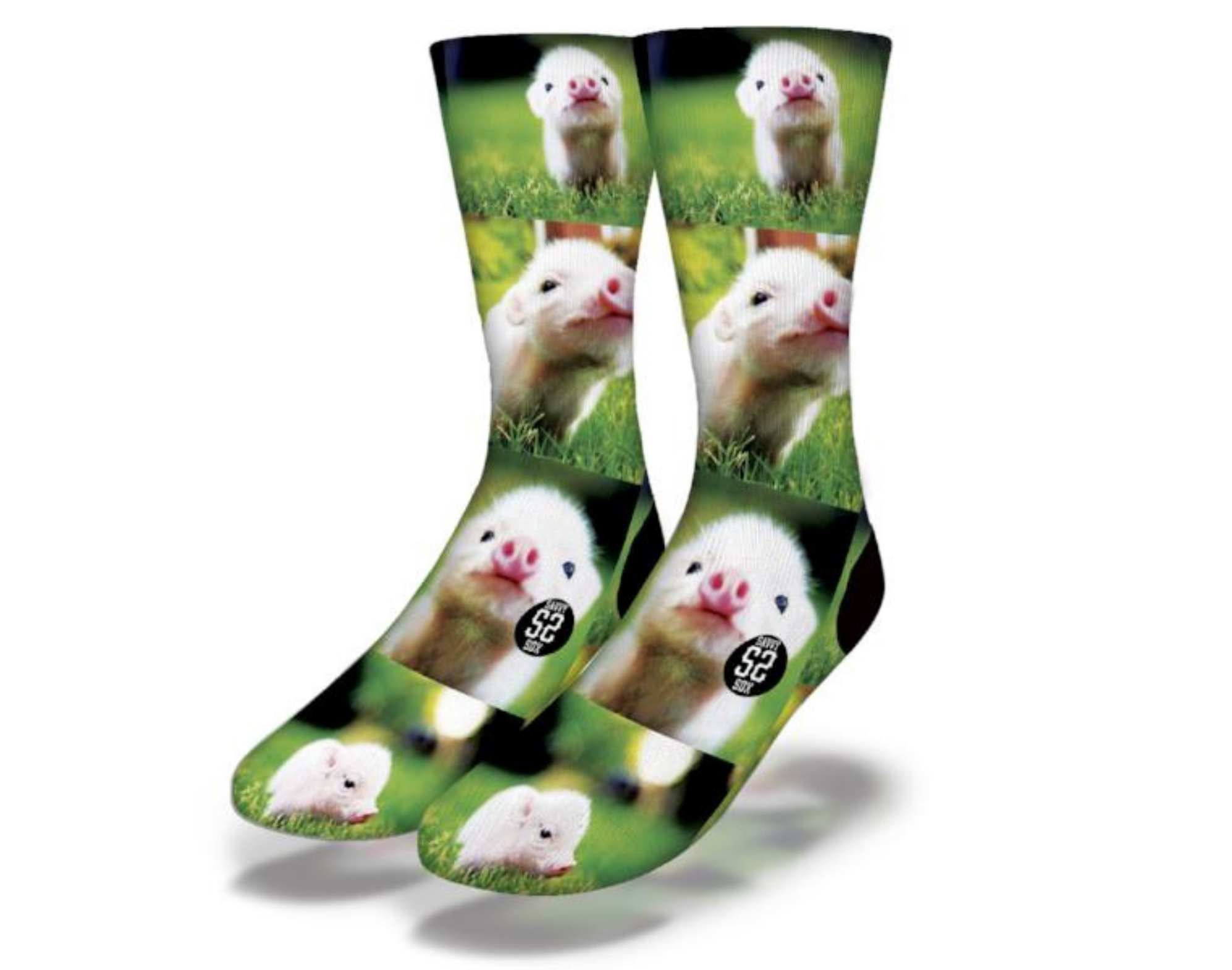 A pair of TOO CUTE TINY PIGLETS Funny Animal Socks featuring adorable pink piglet designs peeking up the leg, perfect for animal lovers.