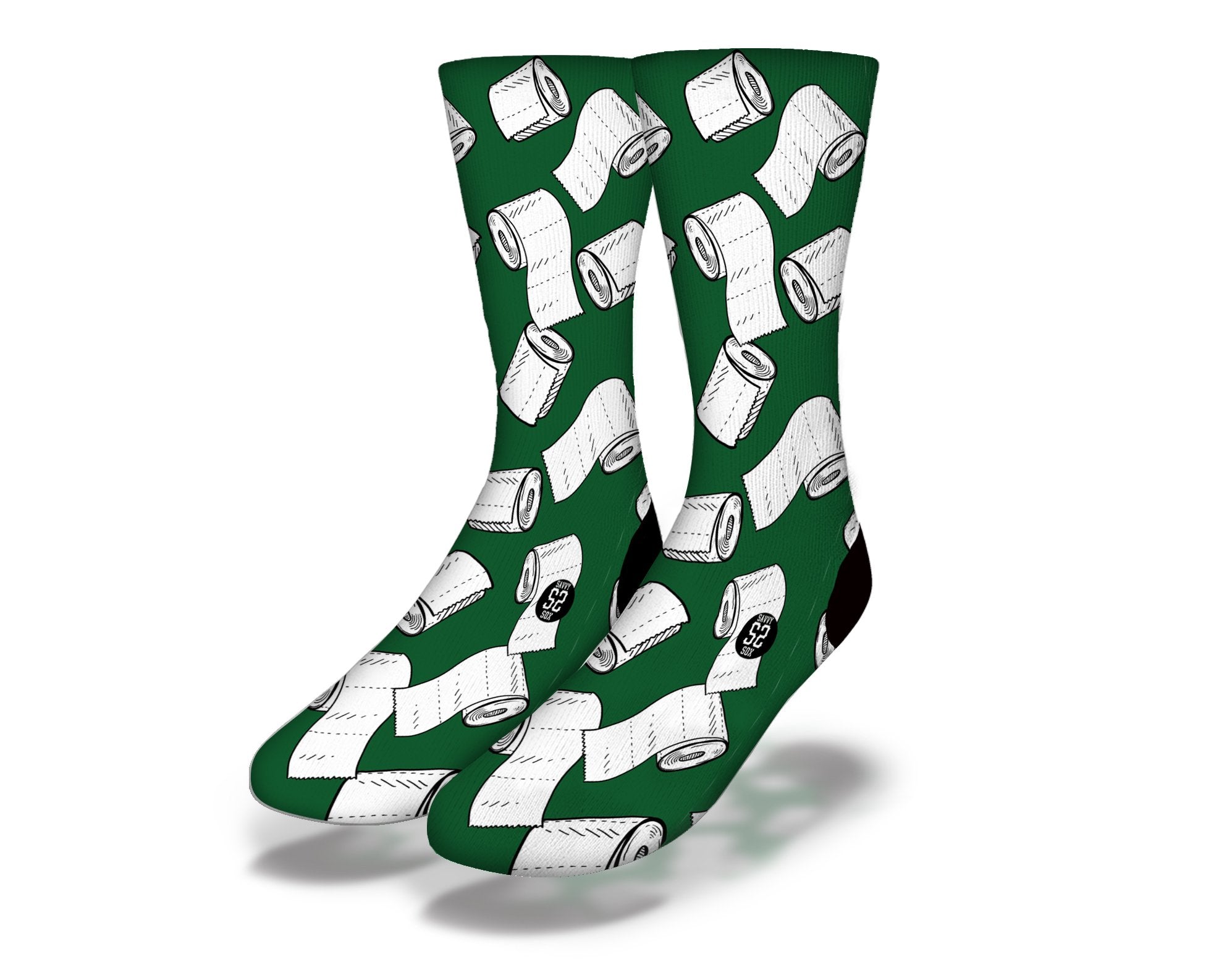 Green funny toilet paper socks designed for humor during the COVID-19 quarantine, featuring a playful toilet paper motif.