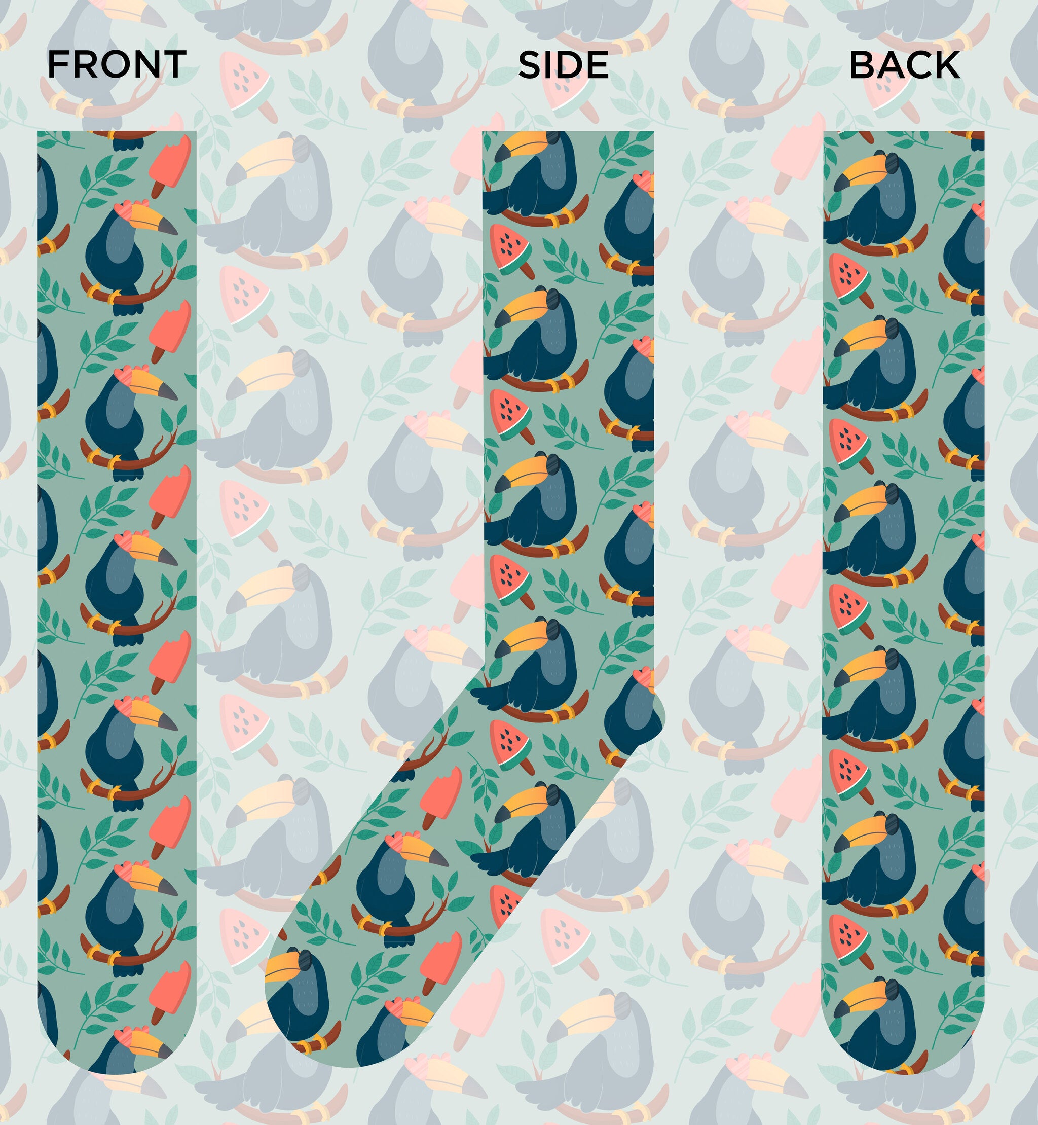 Colorful Toucans and Chill socks featuring vibrant toucan designs, perfect for animal lovers.