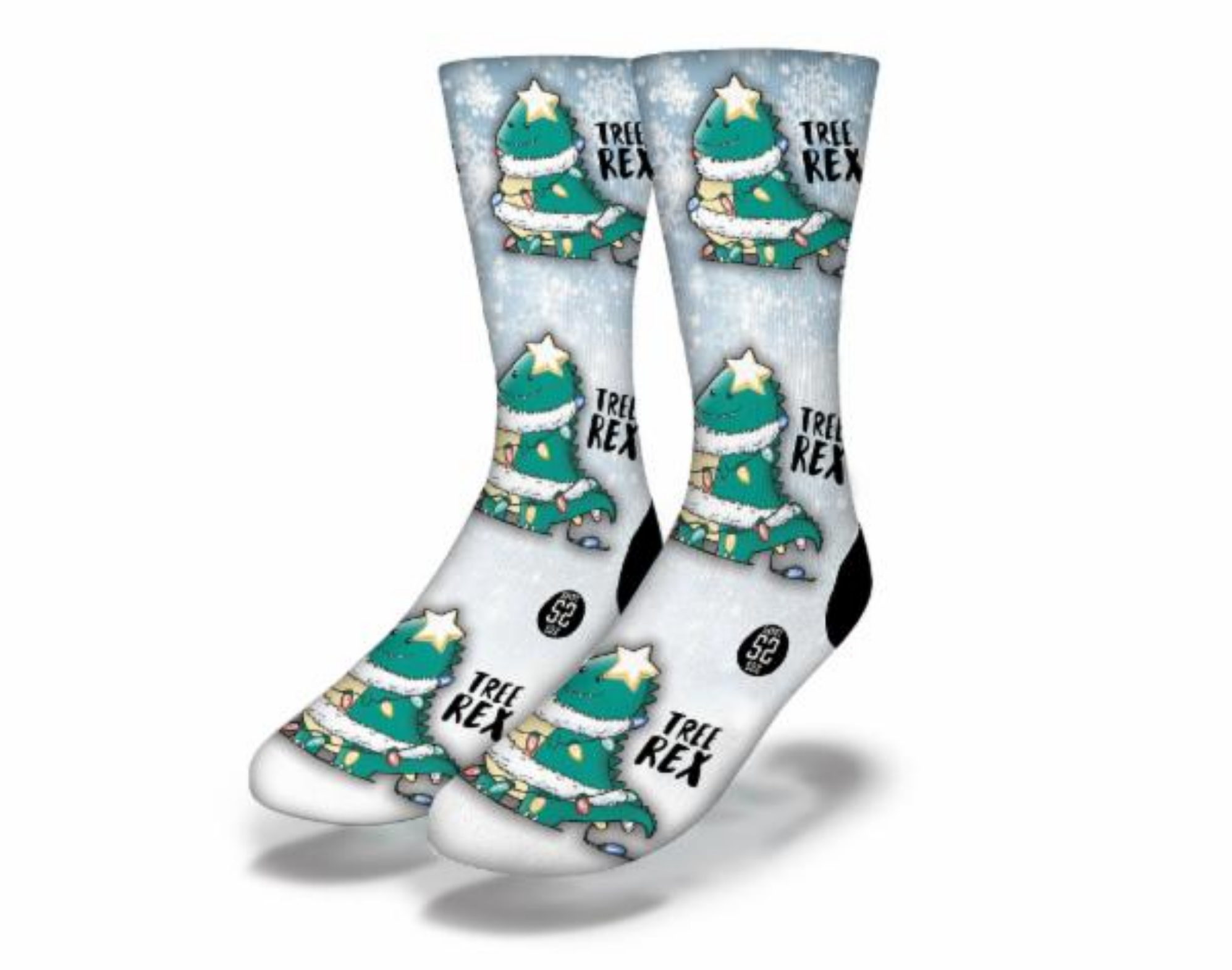 TREE REX Christmas Dinosaur Socks featuring a cute T-Rex design with Christmas decorations, perfect for holiday gifting.