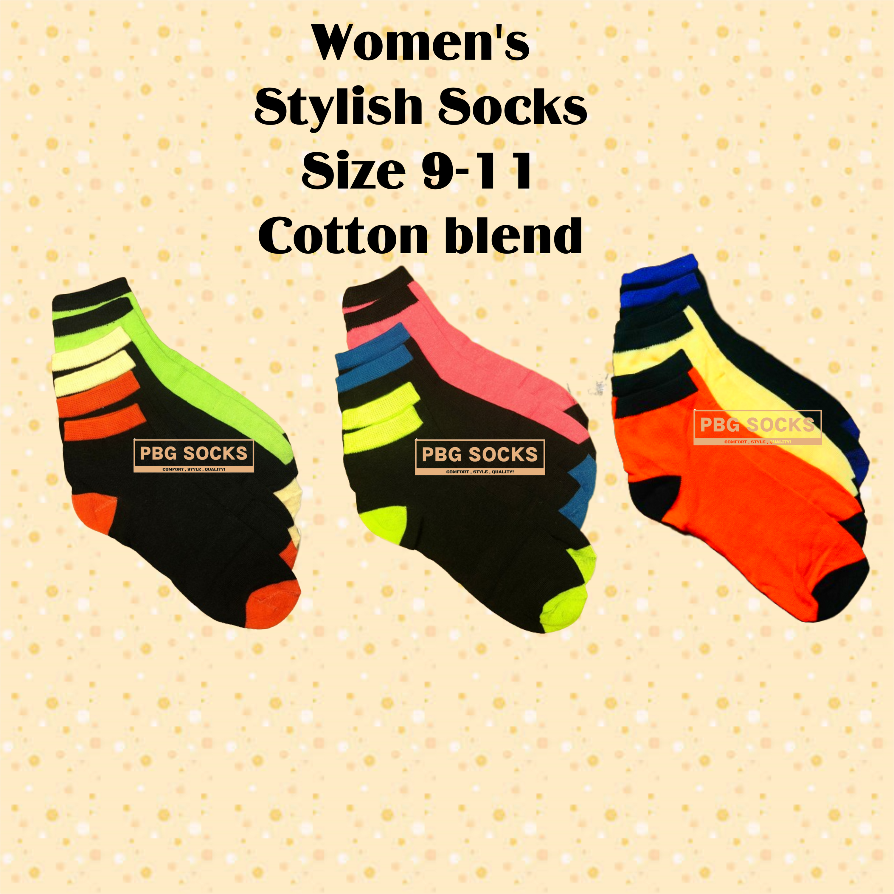 A collection of trendy women's socks in various solid colors and patterns, showcasing their stylish and breathable design.