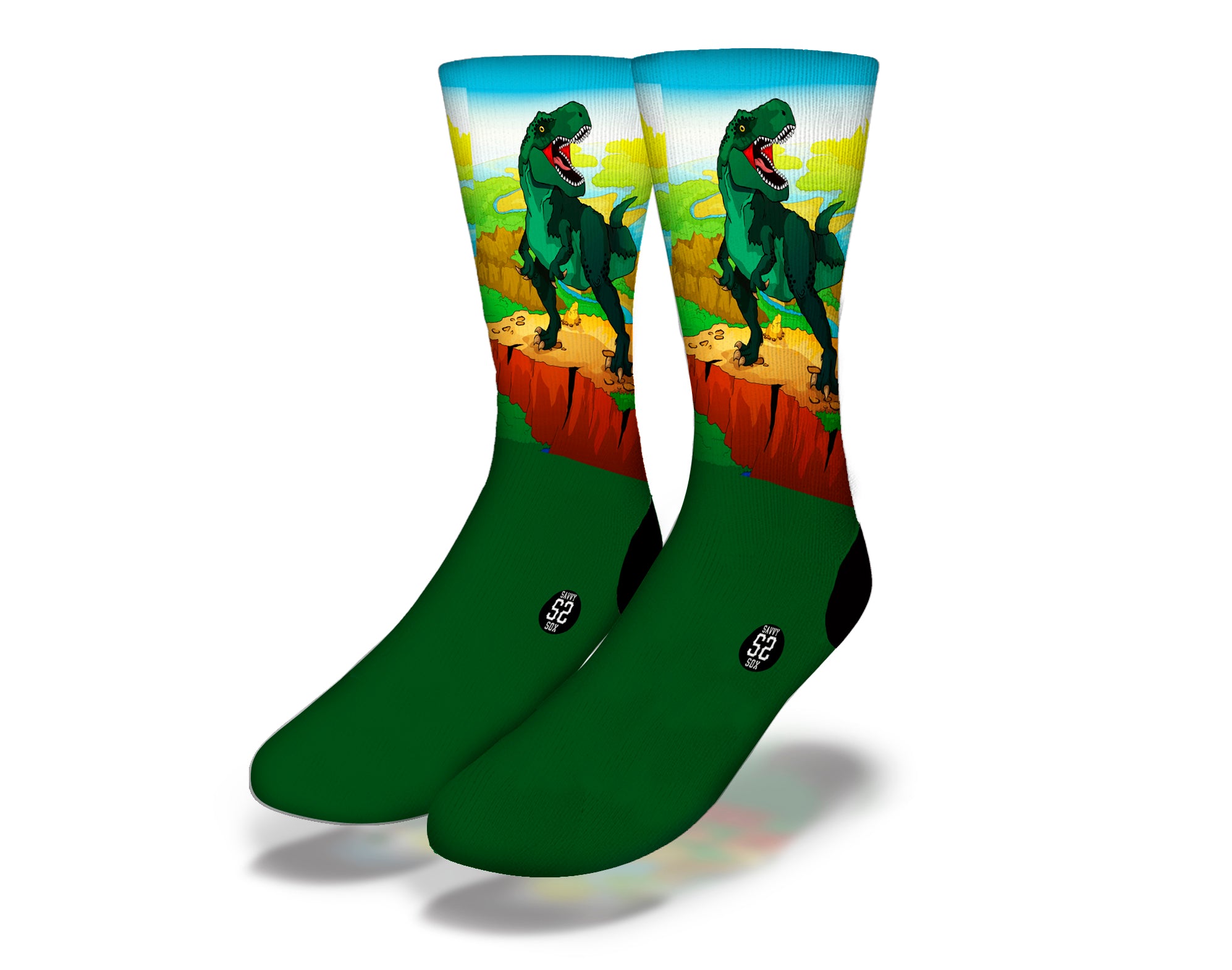 Colorful T-REX CLIFFHANGER dinosaur socks featuring a playful T-Rex design, perfect for kids and adults.