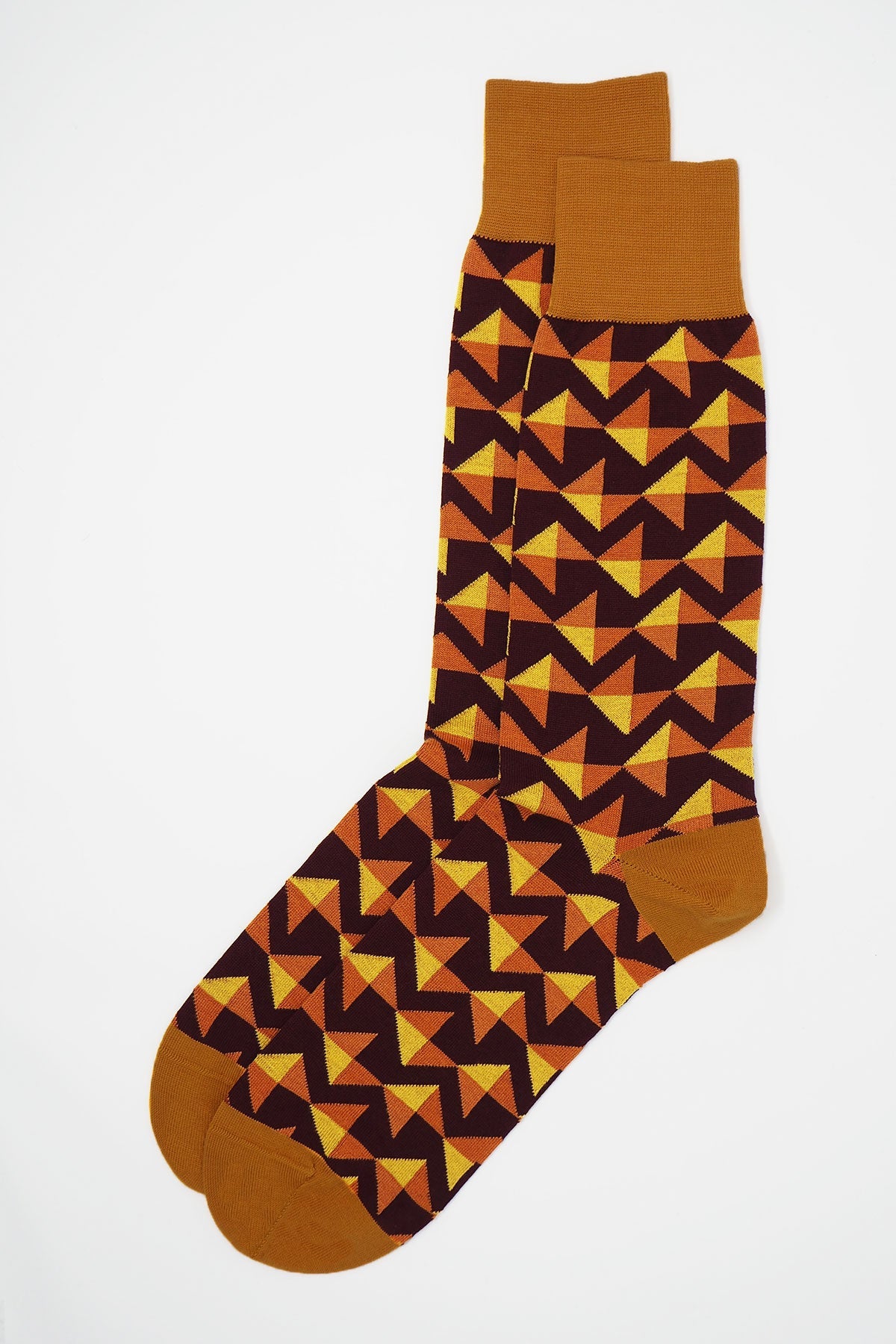 Triangle Men's Socks in maroon featuring vibrant orange and yellow triangles, showcasing a unique and stylish design.