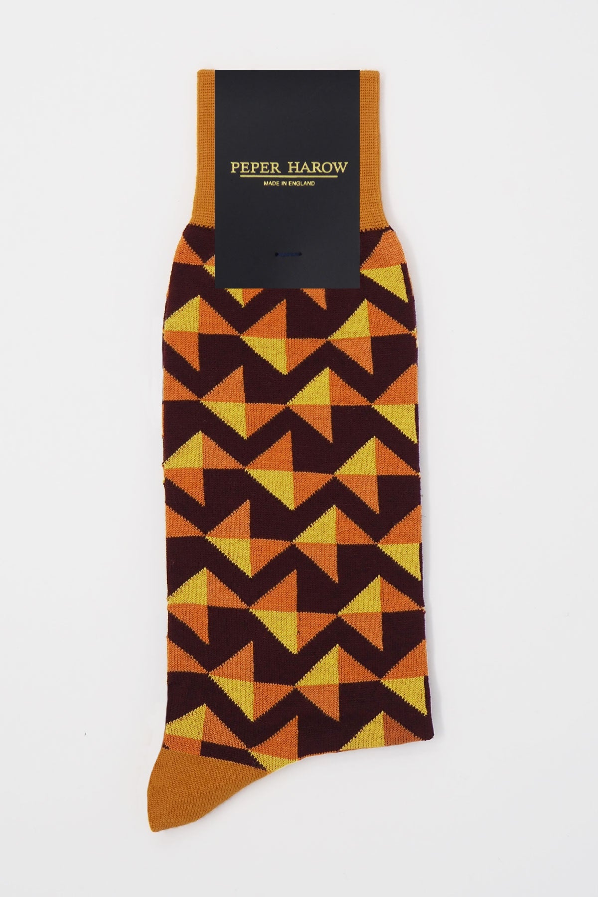 Triangle Men's Socks in maroon featuring vibrant orange and yellow triangles, showcasing a unique and stylish design.