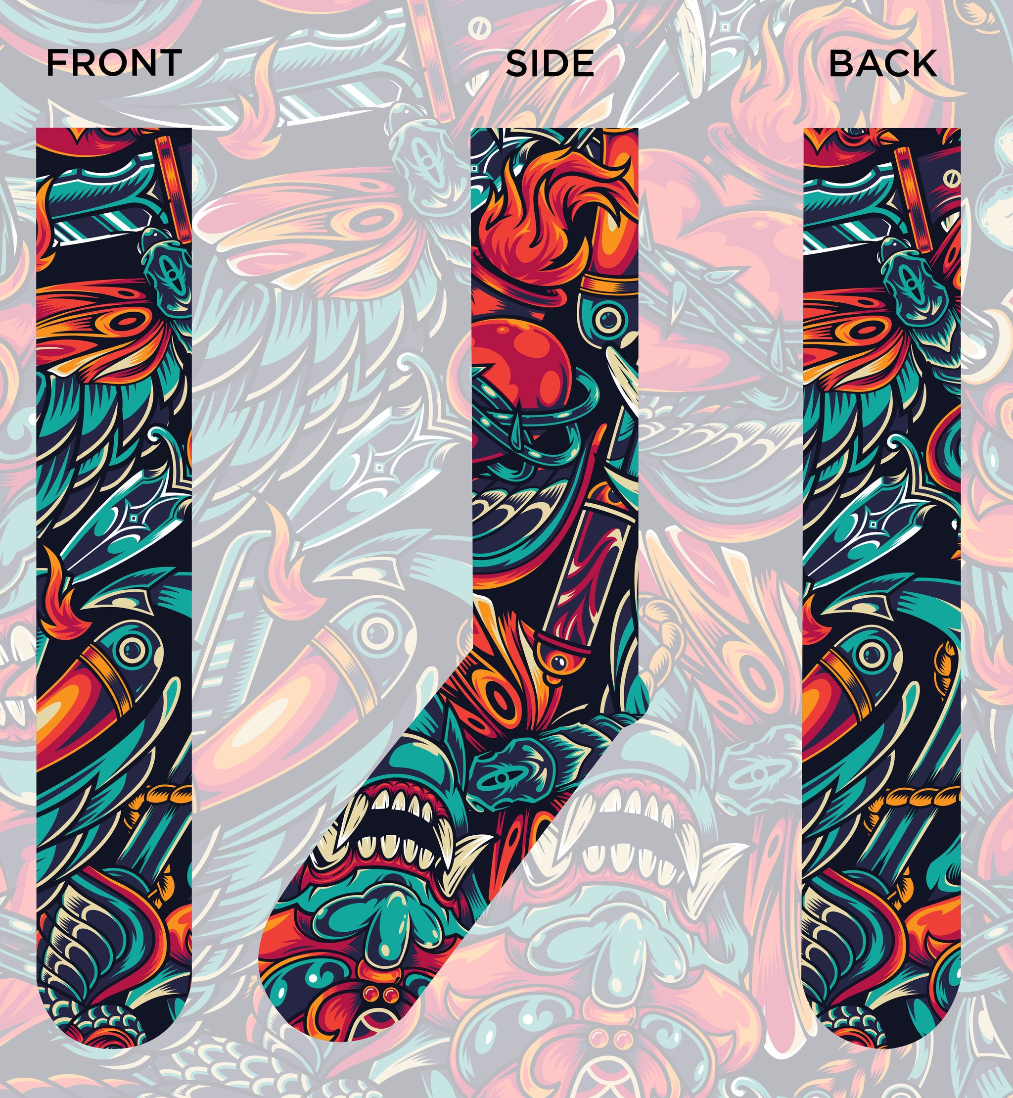 Tribal Warrior socks featuring vibrant tribal patterns and colors, perfect for custom designs and unique gifts.