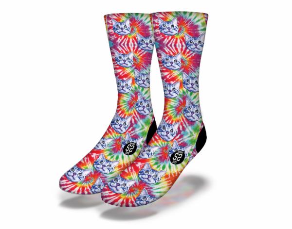 Colorful TRIPPY TIE-DYE KITTY Fun Cat Socks featuring vibrant rainbow spirals and playful cat faces, perfect for cat lovers.