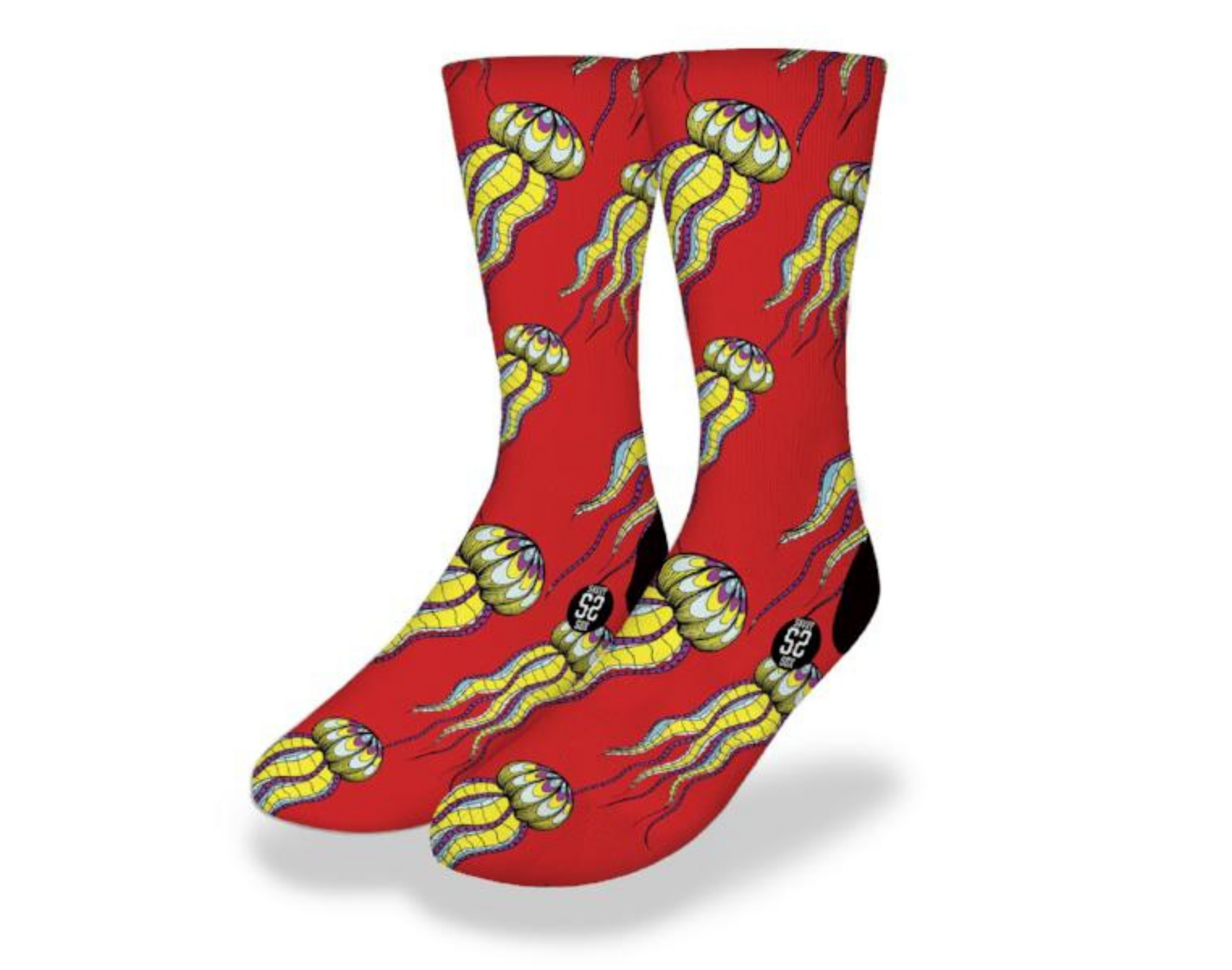 Colorful TROPICAL JELLYFISH Fun Sea Life Socks featuring glowing jellyfish against a bright red background.