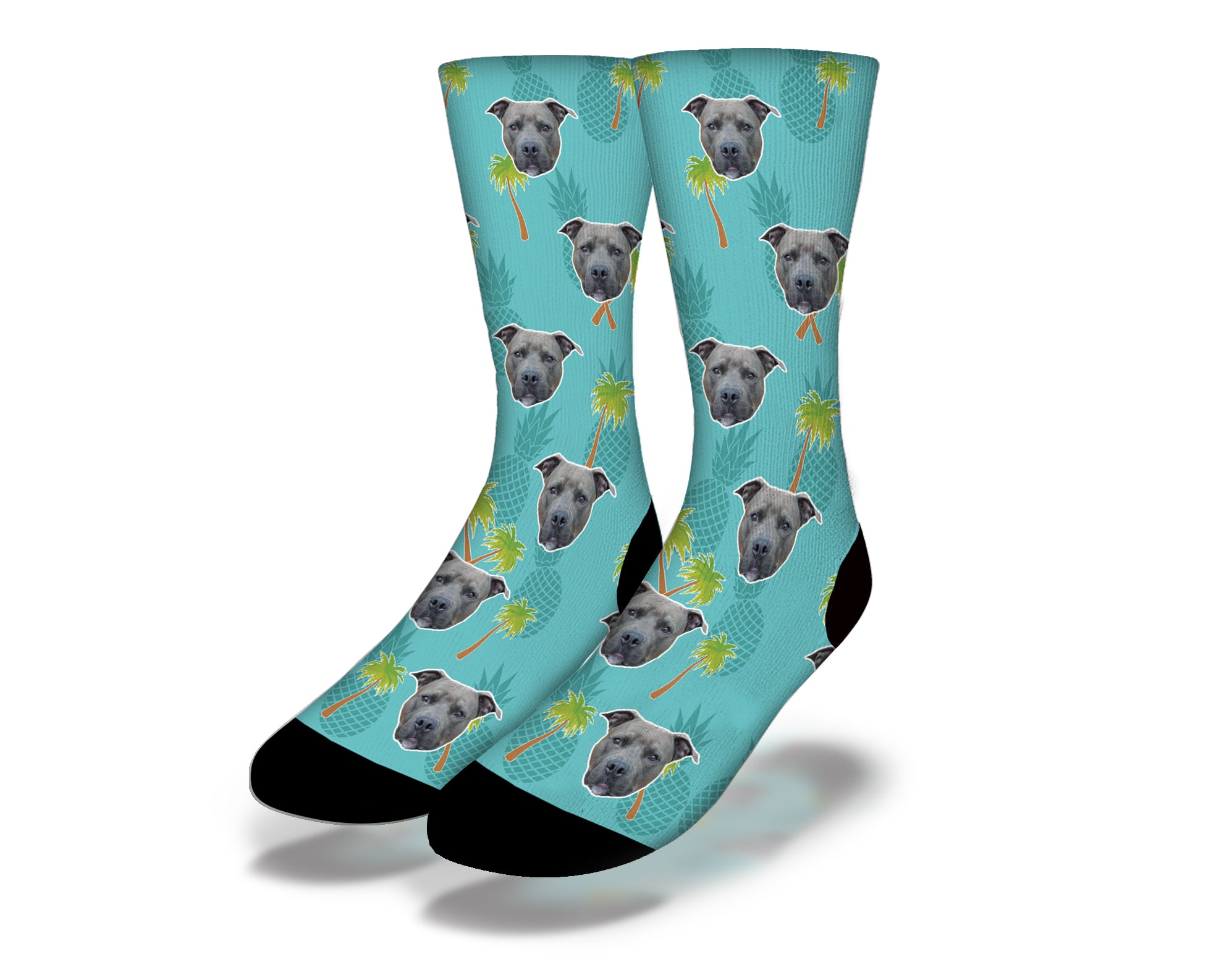 Colorful TROPICAL PINEAPPLE PITBULL Fun Dog Socks featuring playful pitbulls and palm trees on an aqua background.