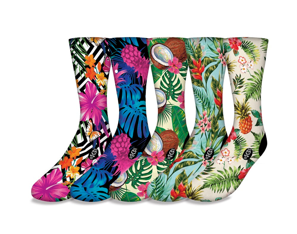 A colorful assortment of five tropical theme socks featuring vibrant designs like palm trees and flowers, perfect for casual wear.