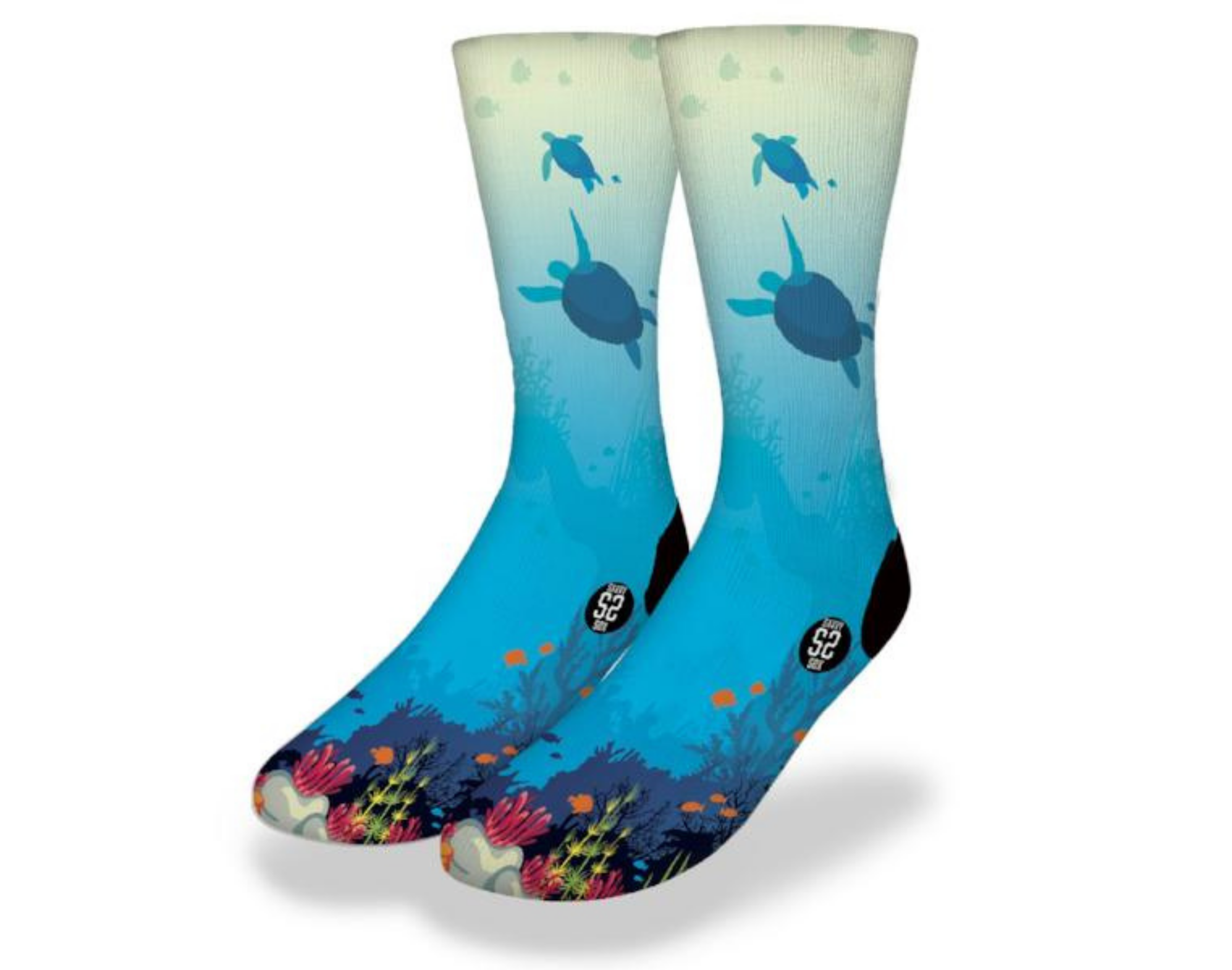 Colorful TURTLES IN THE OCEAN REEF socks featuring vibrant marine life and turtles swimming above a coral reef.