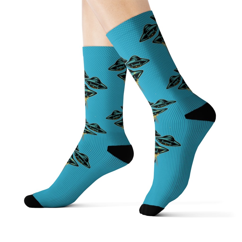 A pair of stylish UFO Area 51 socks featuring a unique print, designed for comfort and style.