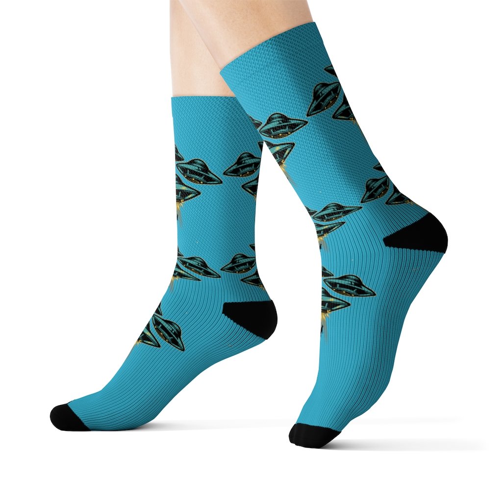 A pair of stylish UFO Area 51 socks featuring a unique print, designed for comfort and style.