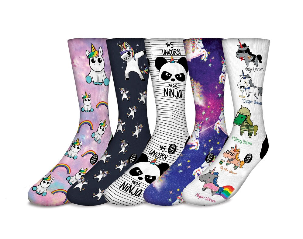 A colorful bundle of five unicorn-themed socks featuring vibrant designs and patterns, perfect for all ages.