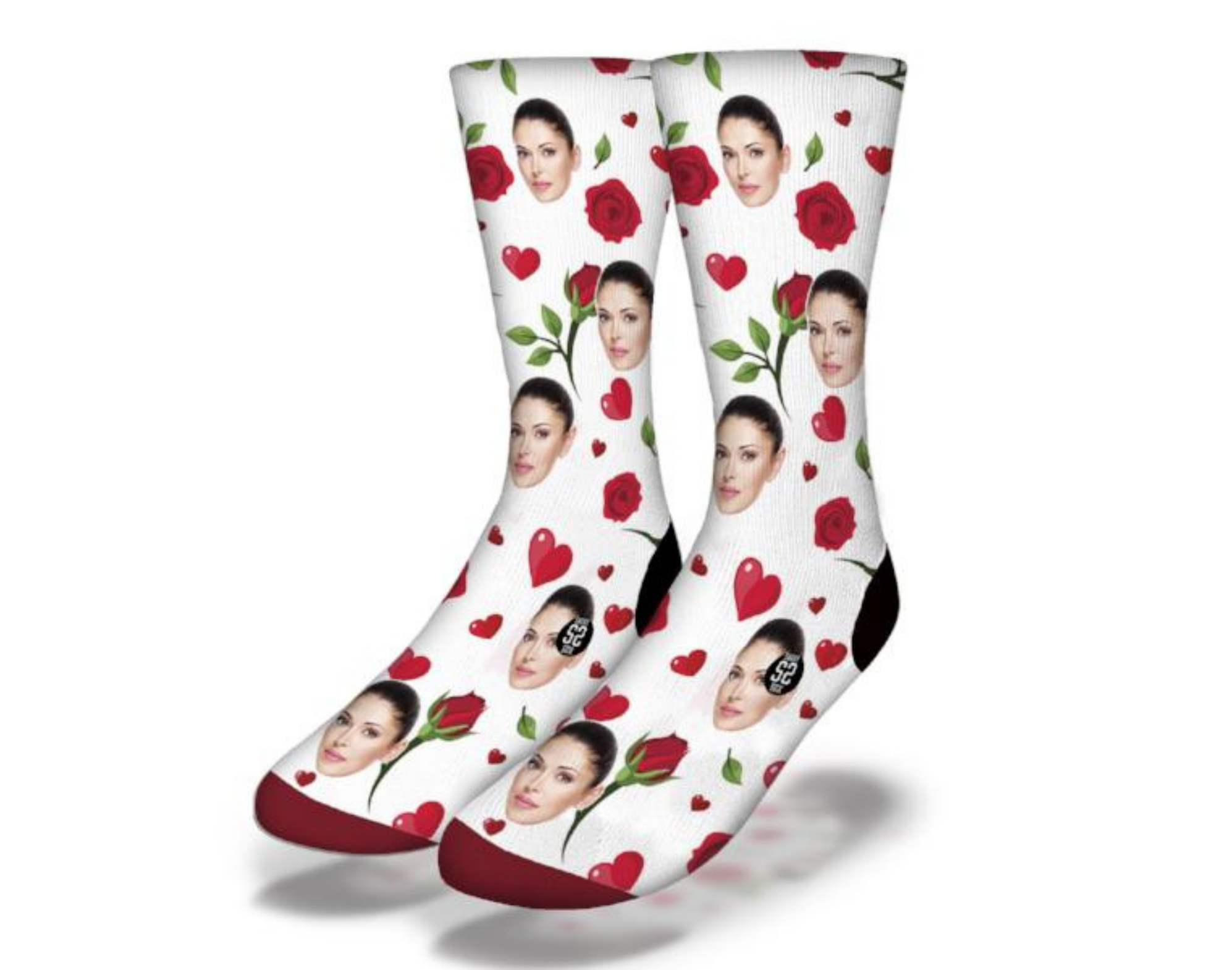 A pair of custom socks featuring personalized images on both the front and back, showcasing vibrant colors and unique designs.