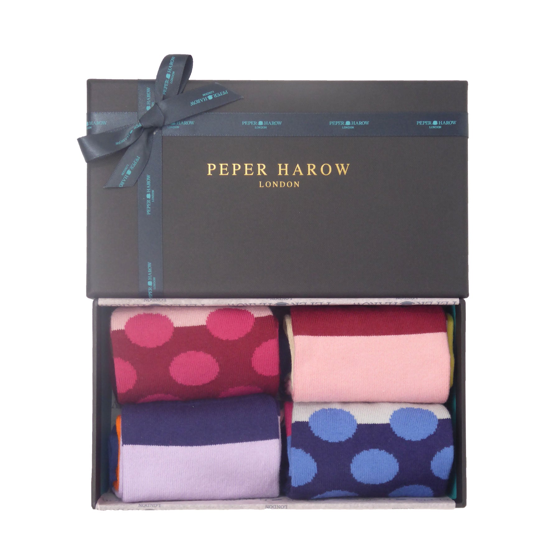 A pair of vibrant lavender Victoria Women's Socks featuring contrasting colors including navy, pink, blue, and orange, elegantly displayed.