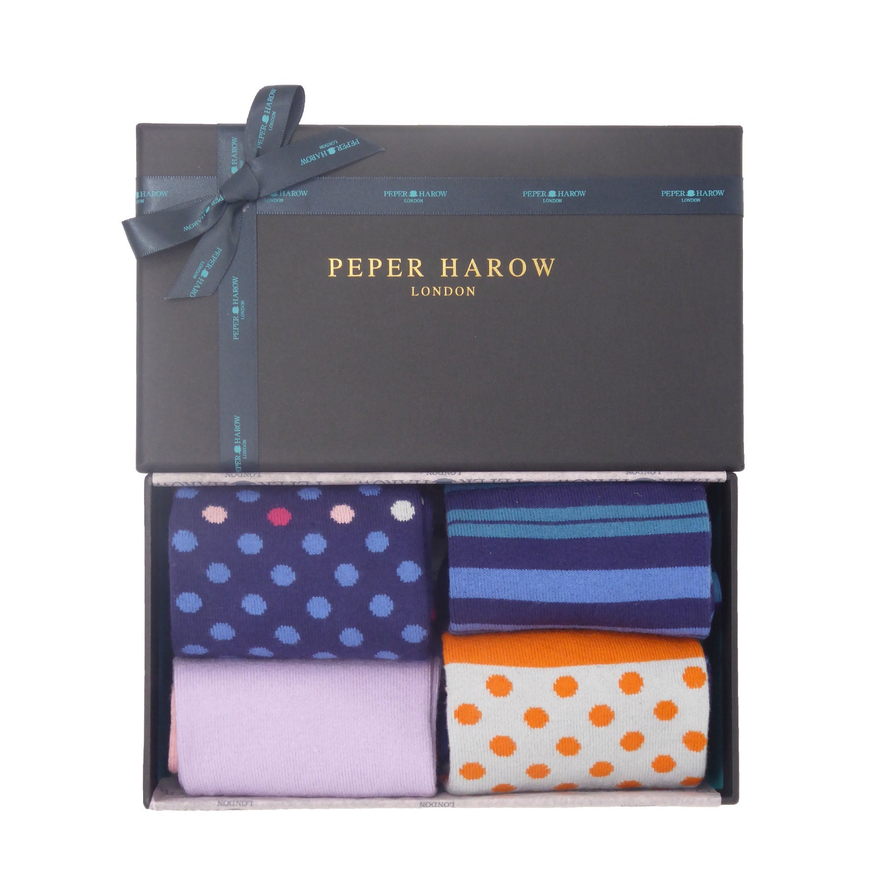 A pair of vibrant lavender Victoria Women's Socks featuring contrasting colors including navy, pink, blue, and orange, elegantly displayed.