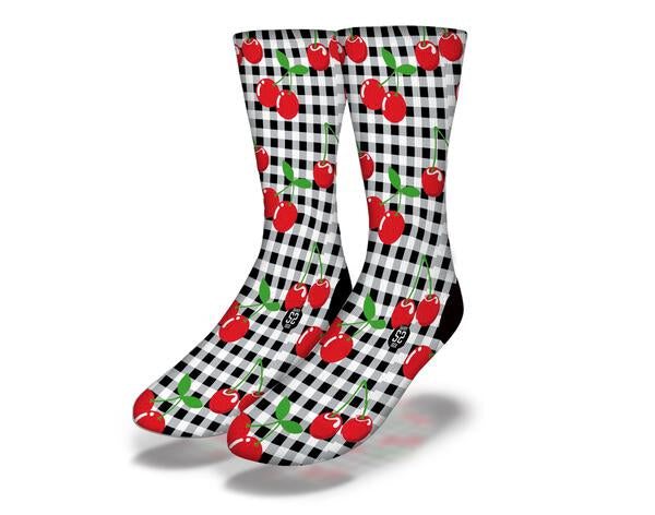 A pair of Vintage Cherry Picnic Fun Retro Socks featuring a playful cherry design on a soft fabric, perfect for casual wear.