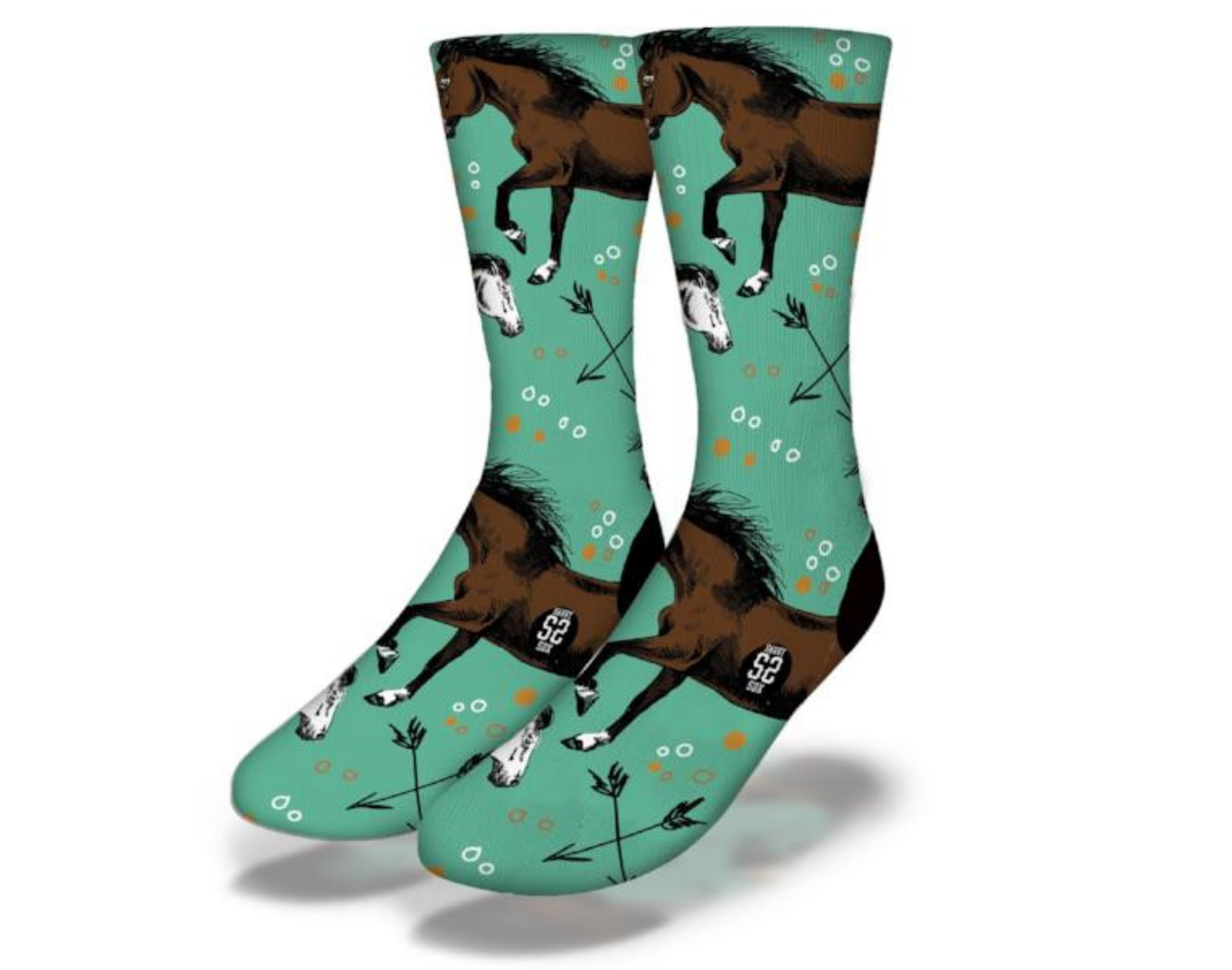 A pair of Vintage Horses & Arrows fun animal socks featuring colorful horse and arrow designs, perfect for animal lovers.