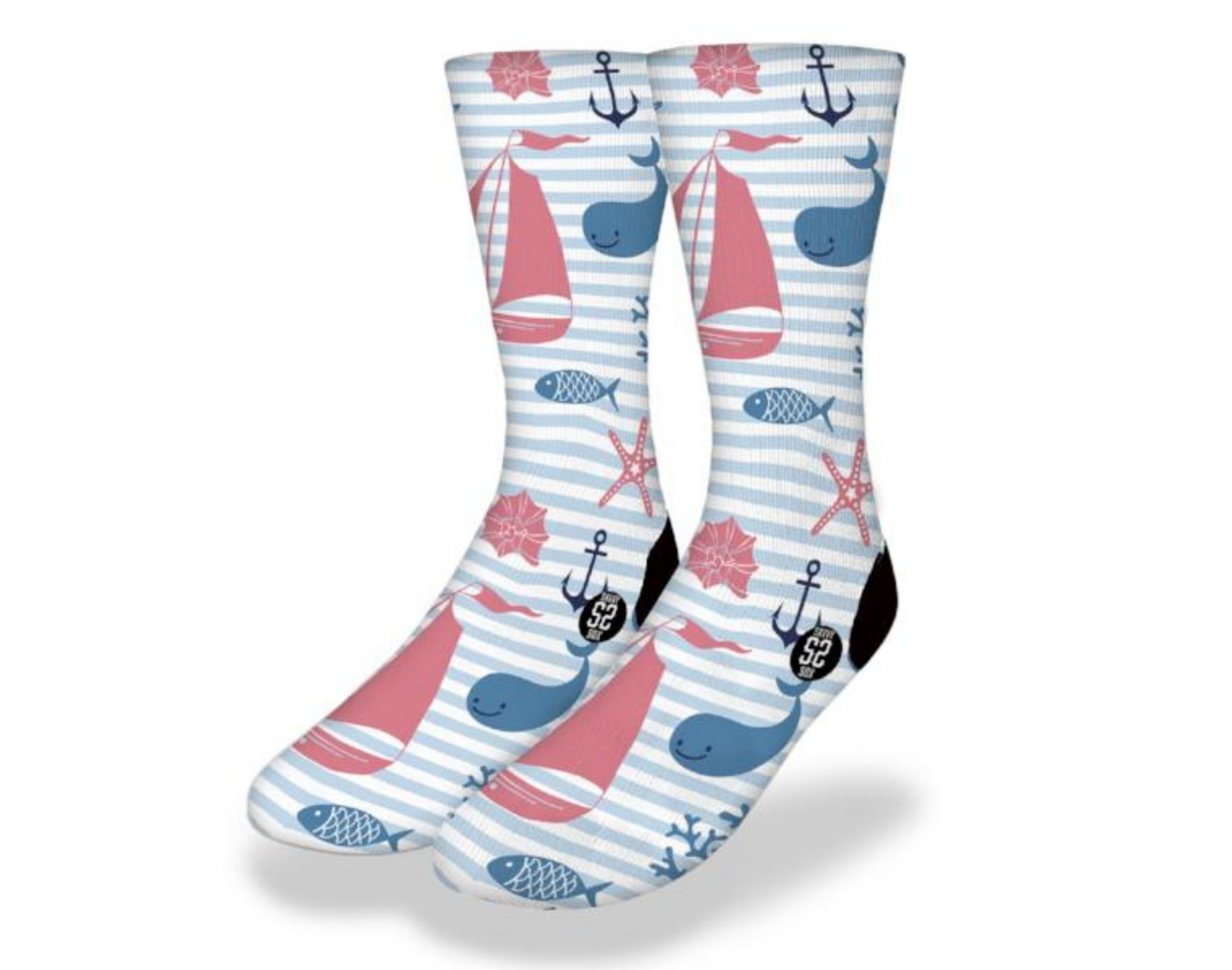 Vintage Whales & Sails Fun Sea Life Socks featuring aqua stripes and marine life designs, perfect for beach lovers.