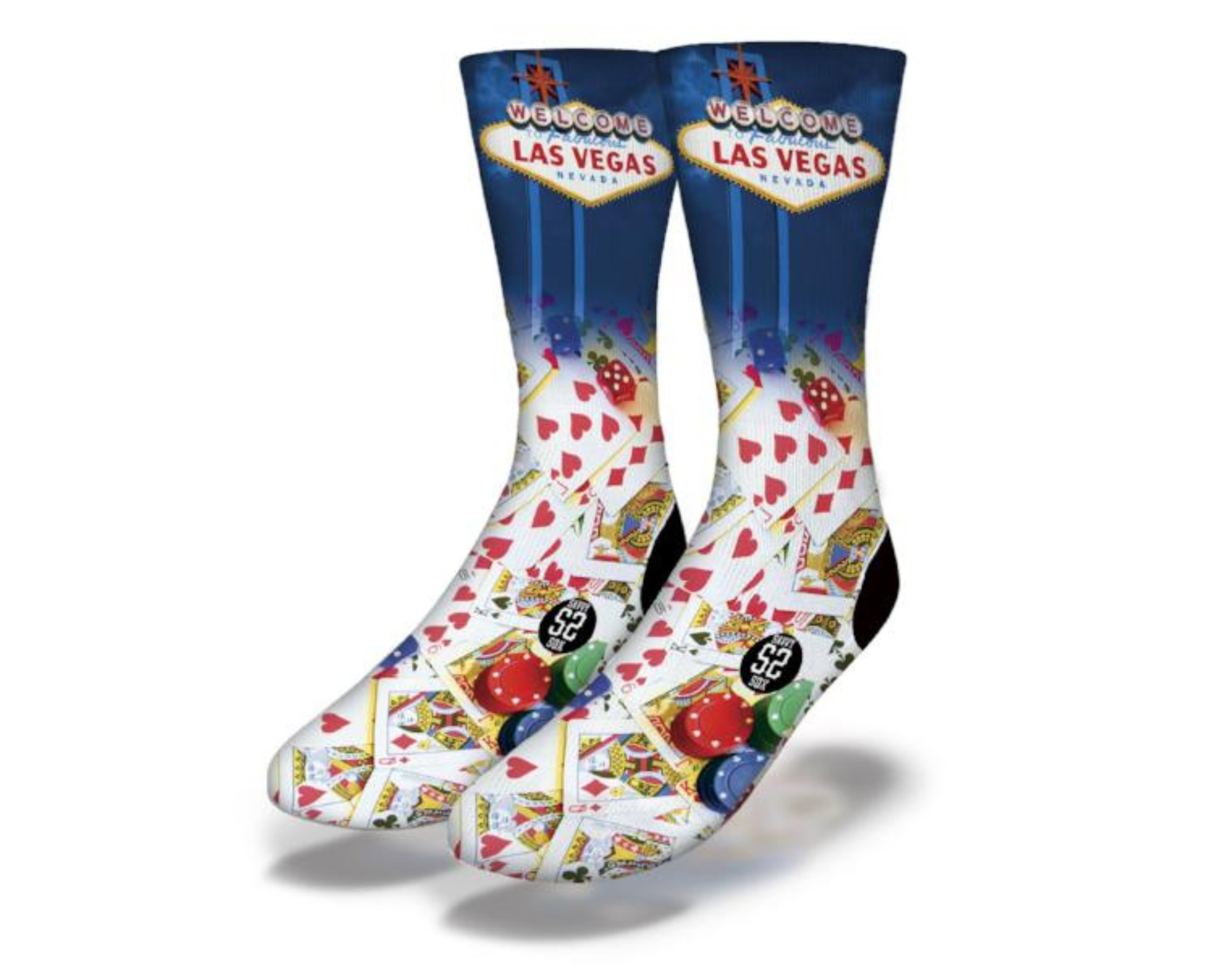 Viva Las Vegas Socks featuring colorful designs of playing cards and dice, perfect for casual wear.